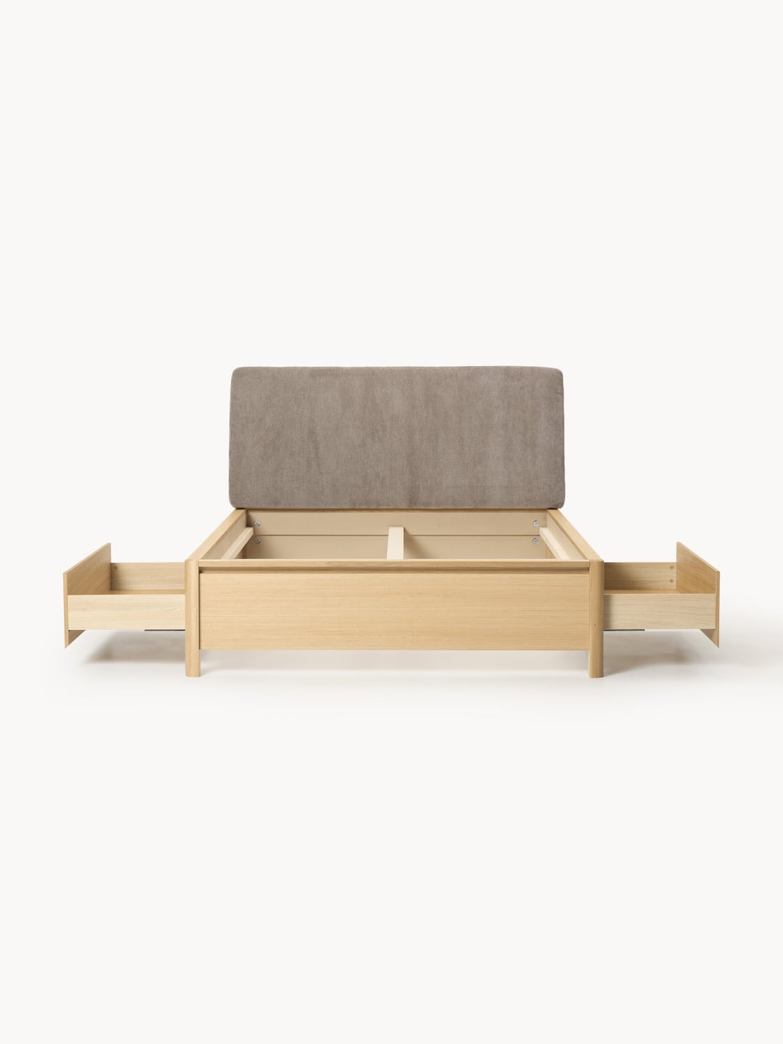 Santiago Wooden Bed with Upholstered Headboard and Drawers — Oatmeal