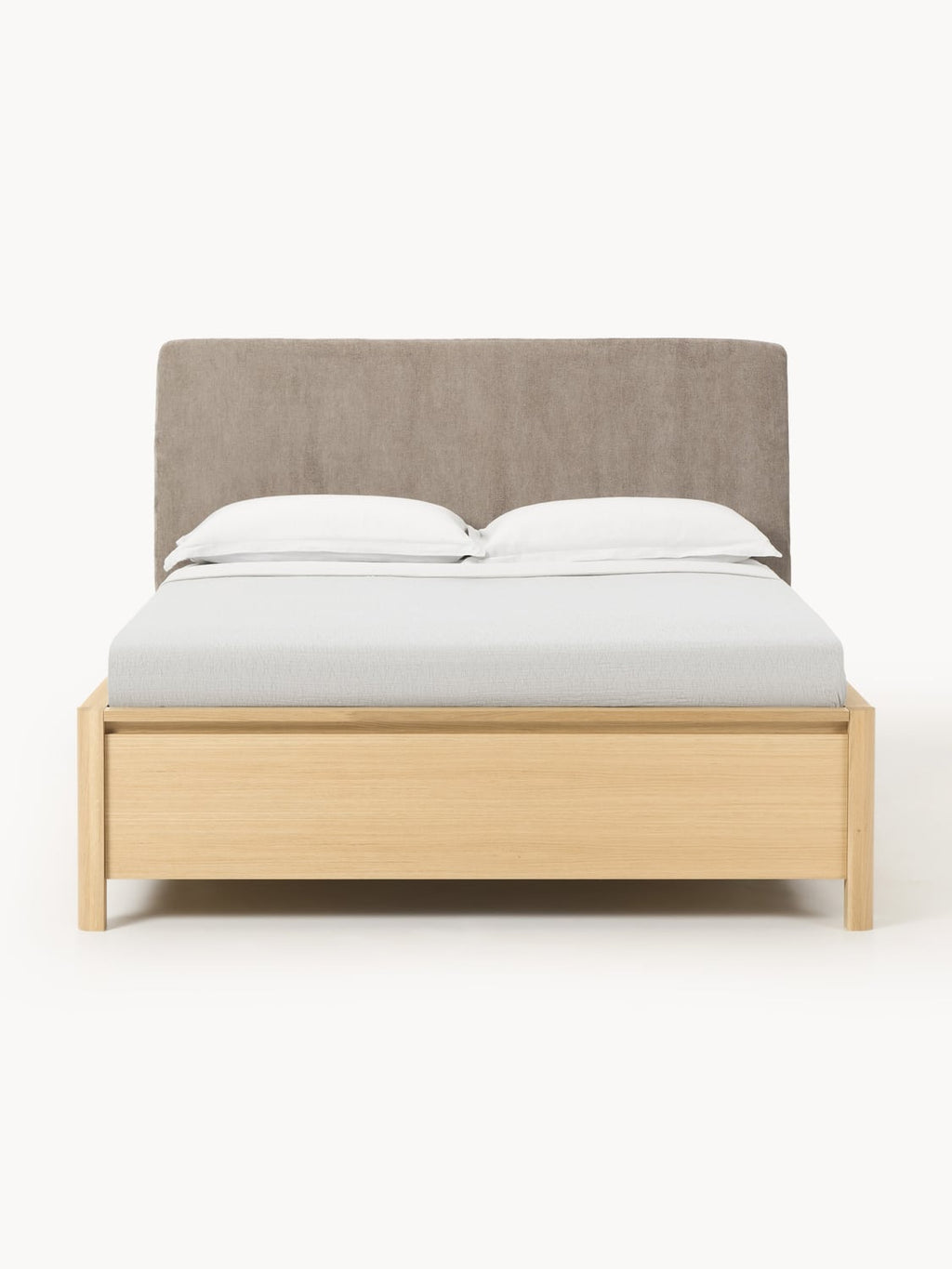 Santiago Wooden Bed with Upholstered Headboard and Drawers — Oatmeal