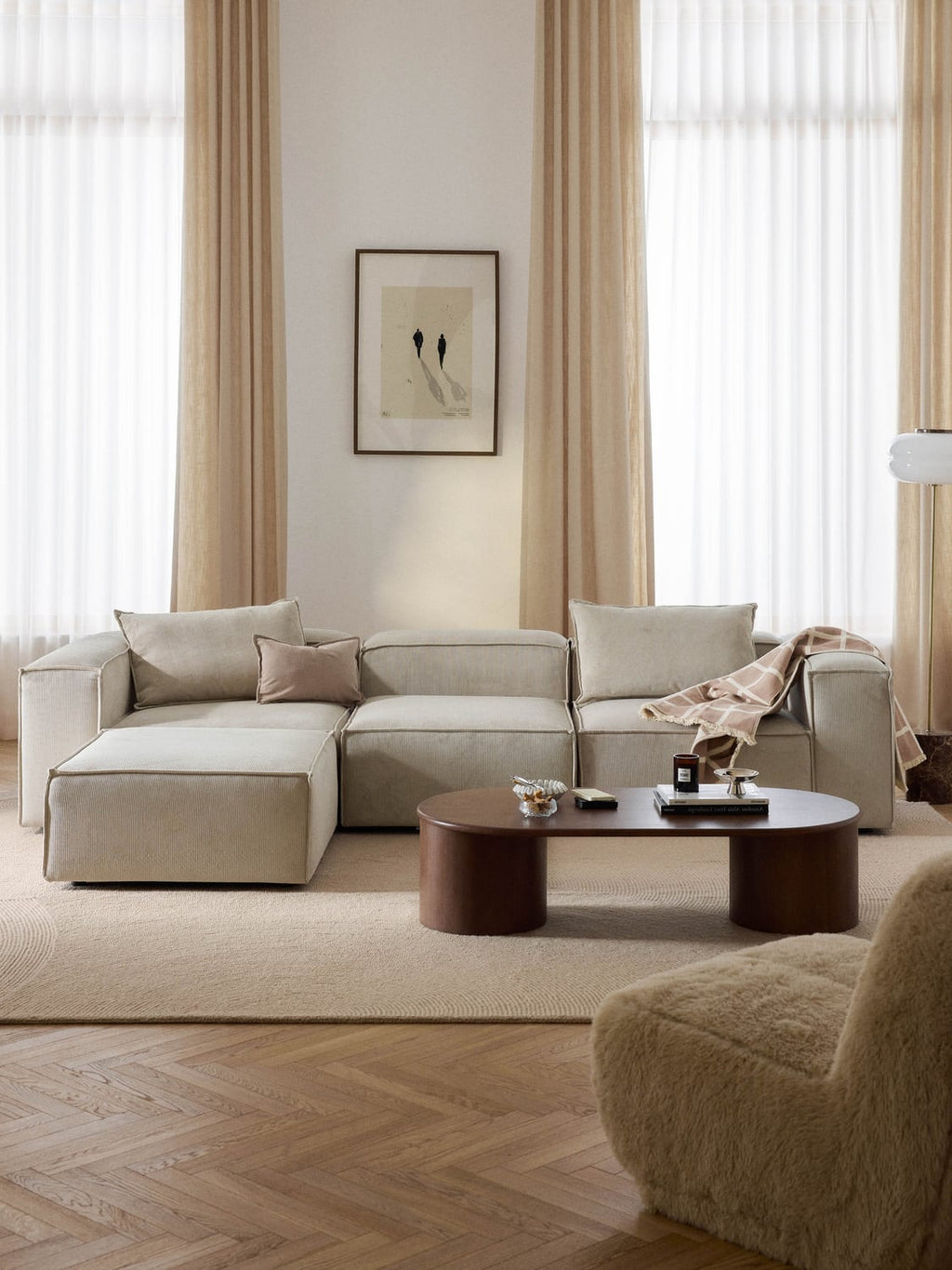 Lennon Modular Sofa (4-seater) in Corduroy with Ottoman (left/right) — Oatmeal