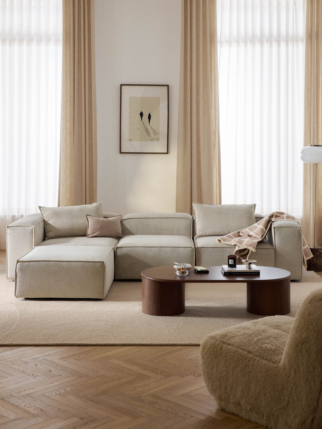 Lennon Modular Sofa (4-seater) in Corduroy with Ottoman (left/right) — Oatmeal