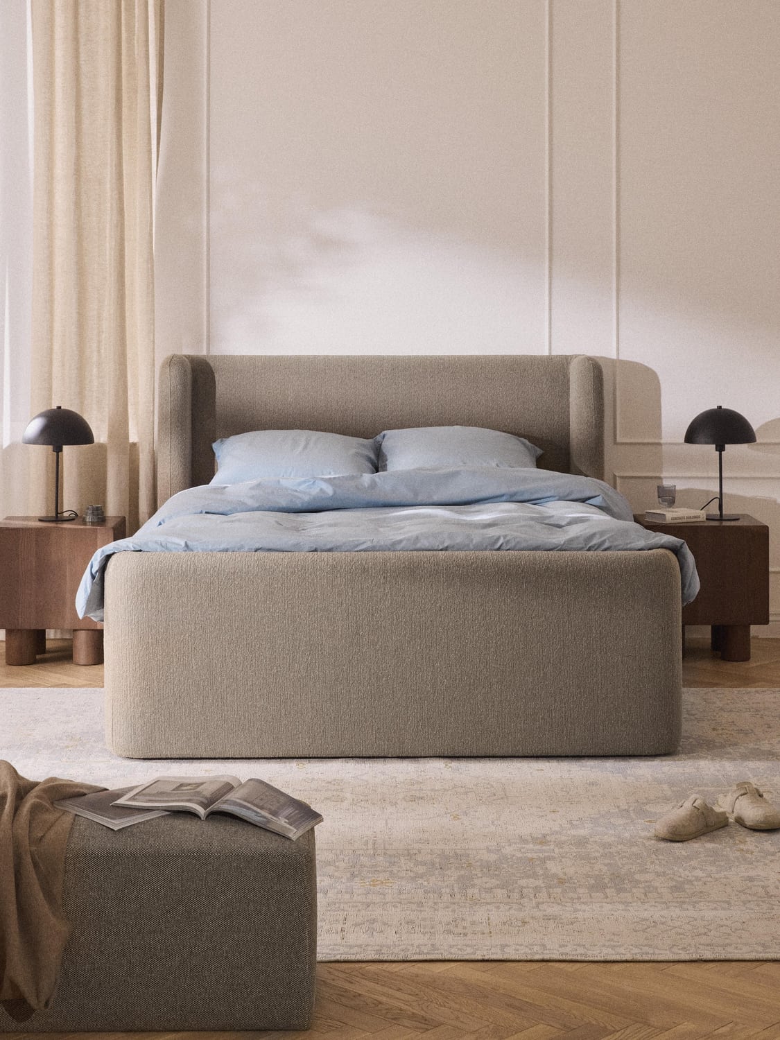 Perla Bouclé-Box-Spring Bed with Storage — Sage