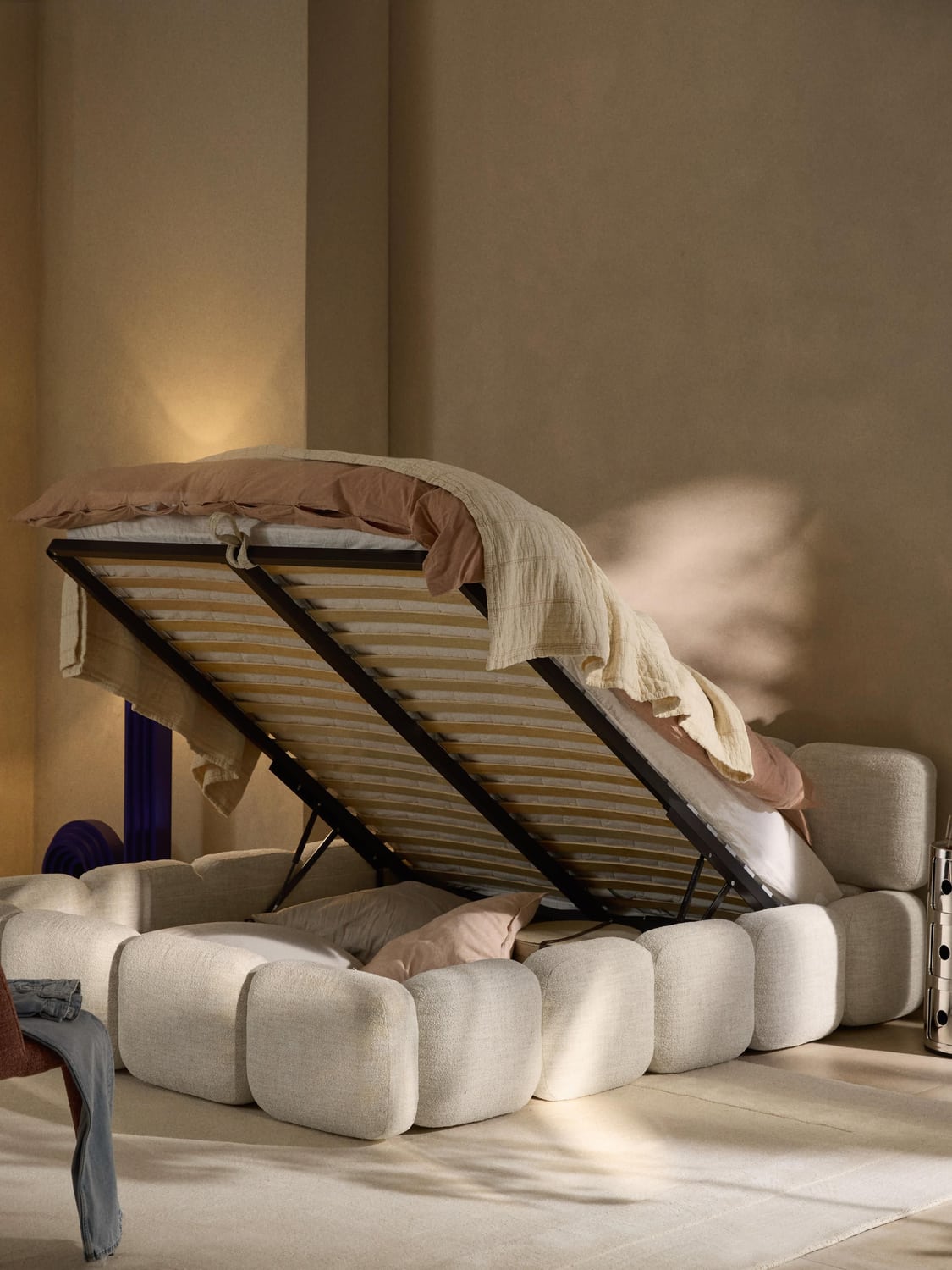 Tayla Upholstered Bed in Bouclé with Storage — Off-White