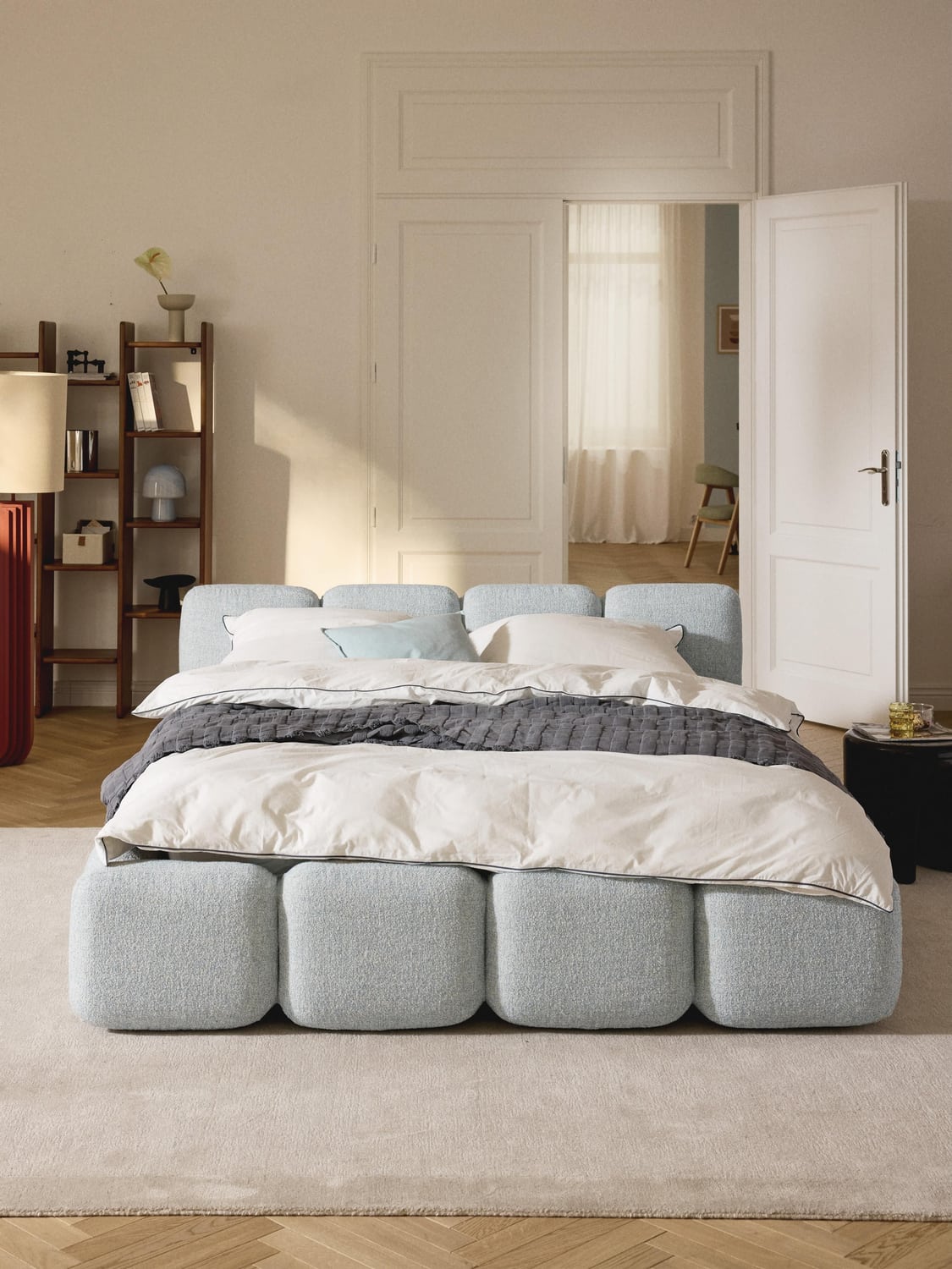 Tayla Upholstered Bed in Bouclé — Light Grey