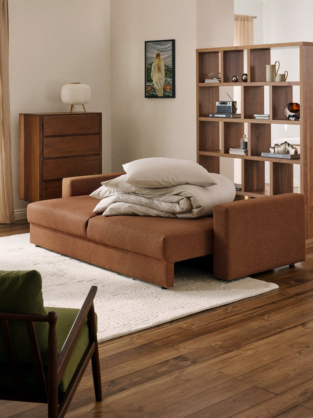 Tasha Bouclé-Sofa Bed (3-seater) with Storage — Caramel
