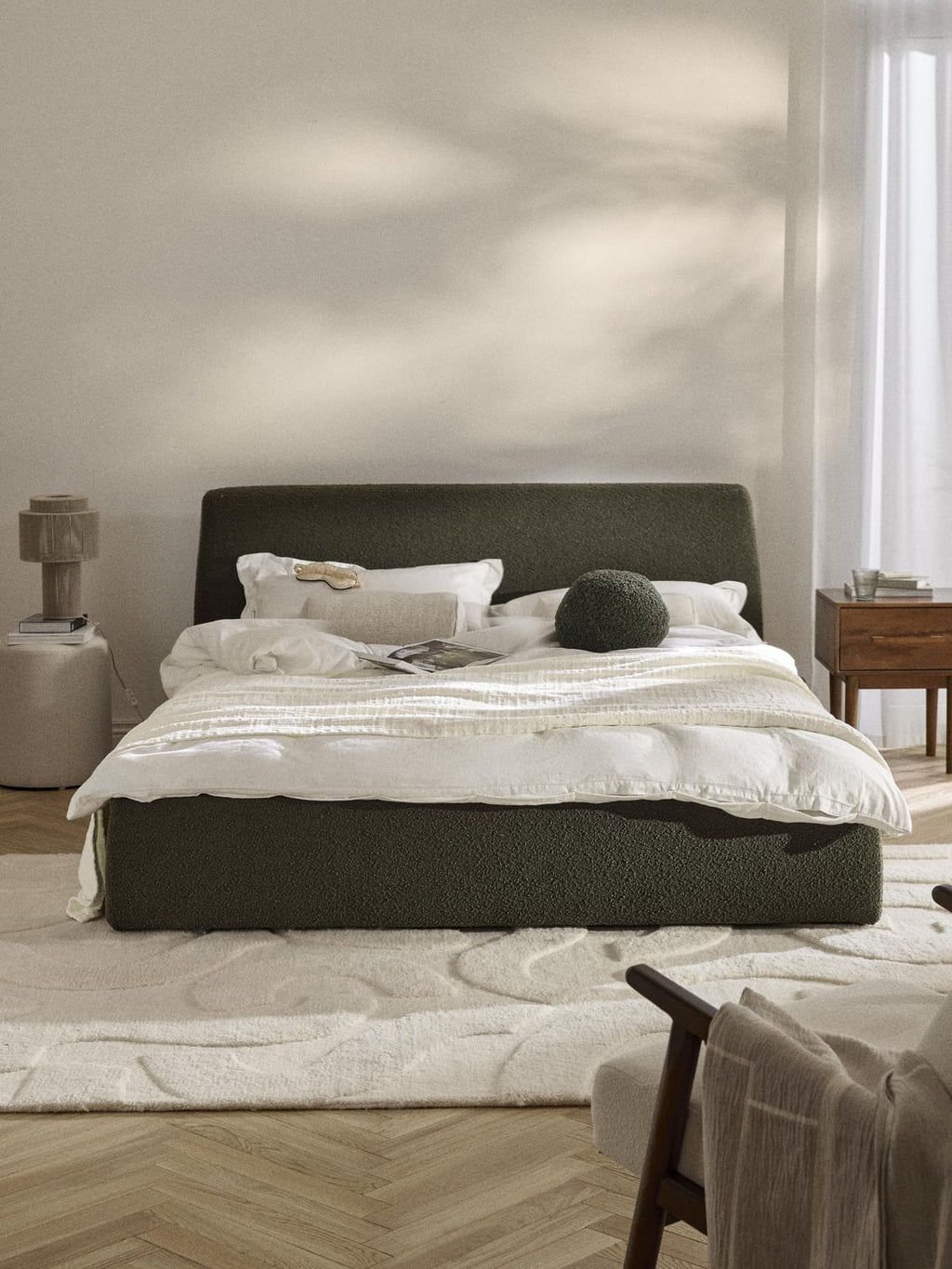Cloud Bouclé Upholstered Bed with Storage — Dark Grey