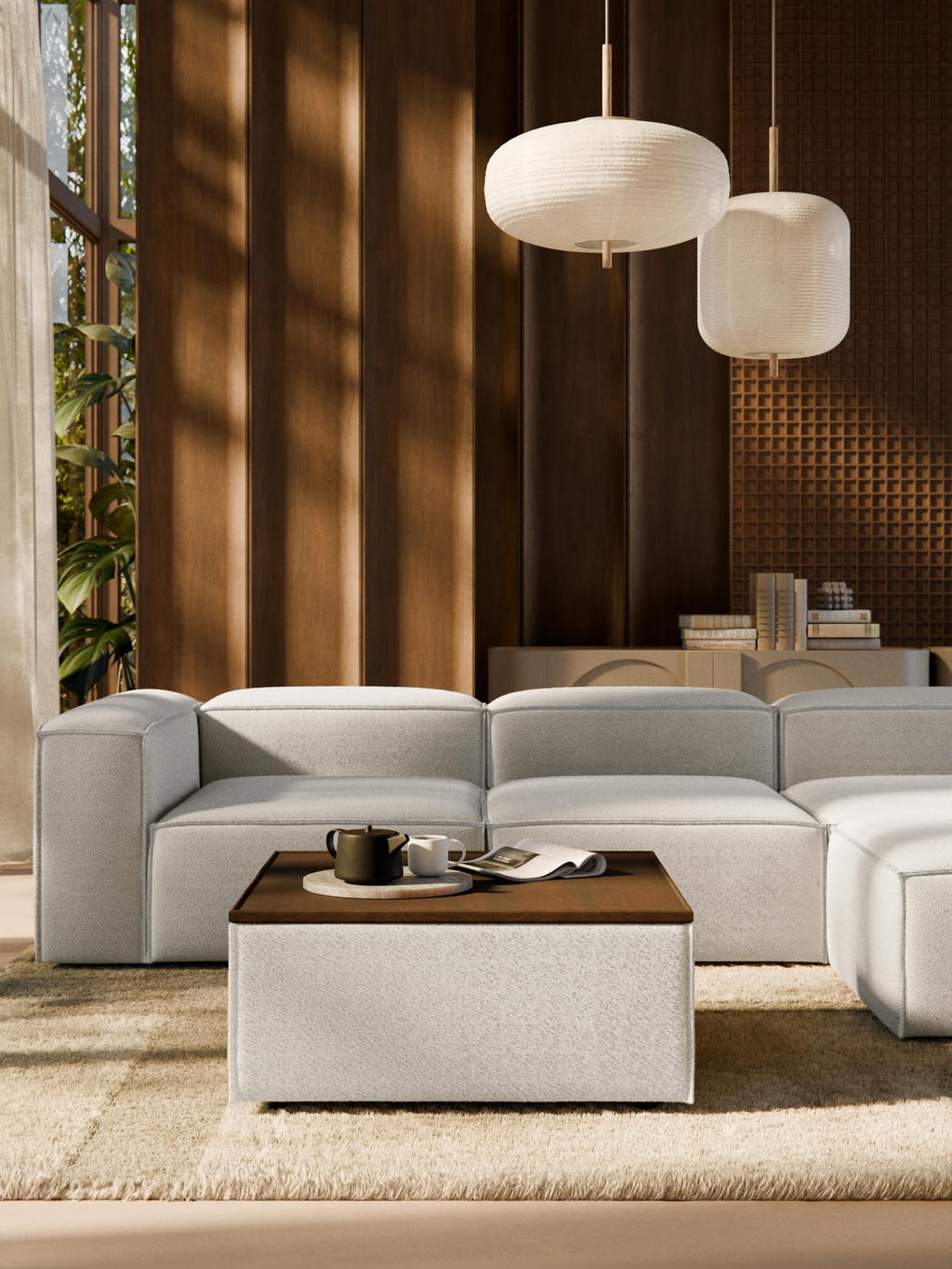 Lennon Sofa Ottoman in Bouclé with Storage — Sand Beige