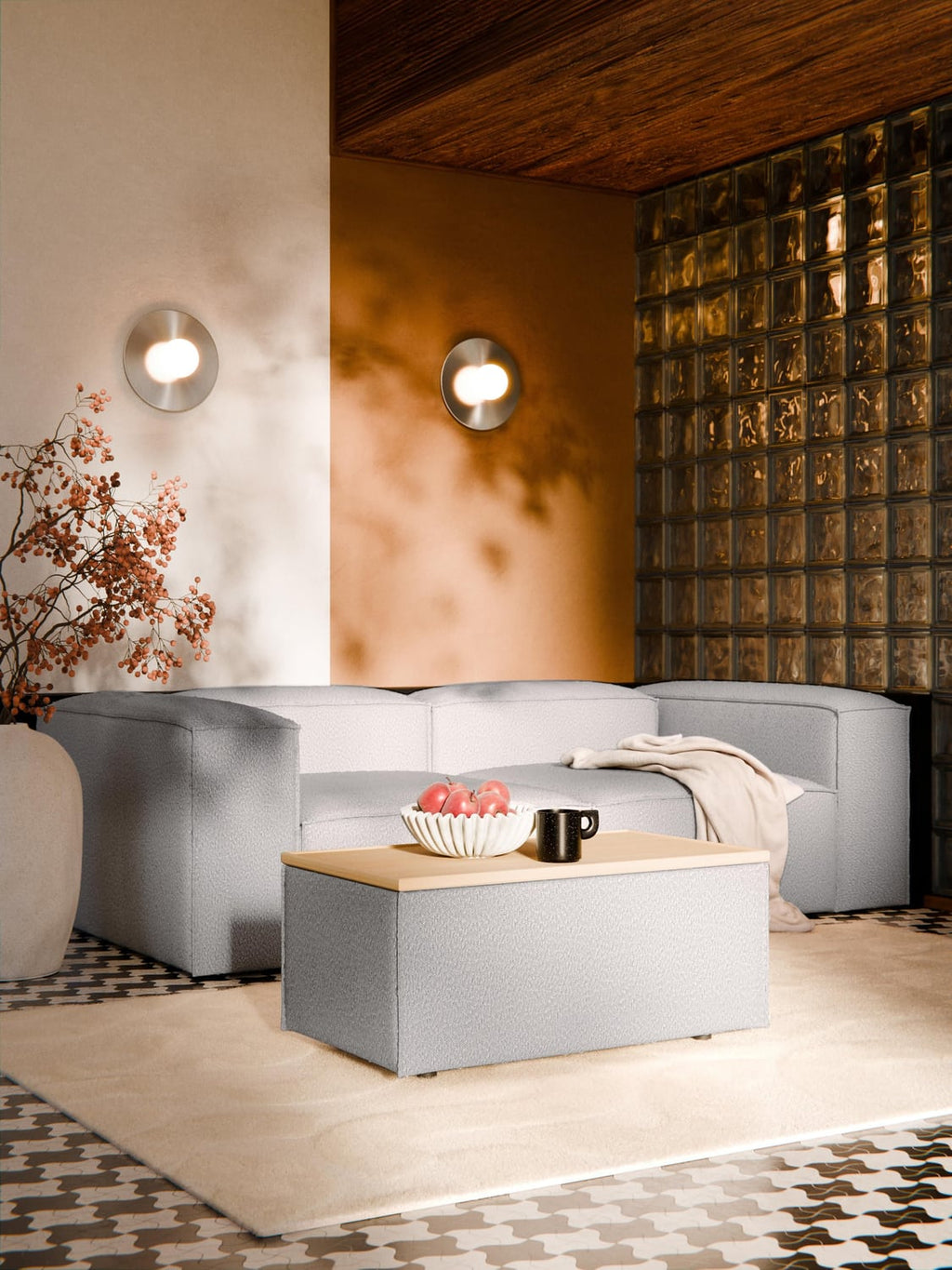 Lennon Sofa Ottoman in Bouclé with Storage — Linen Beige