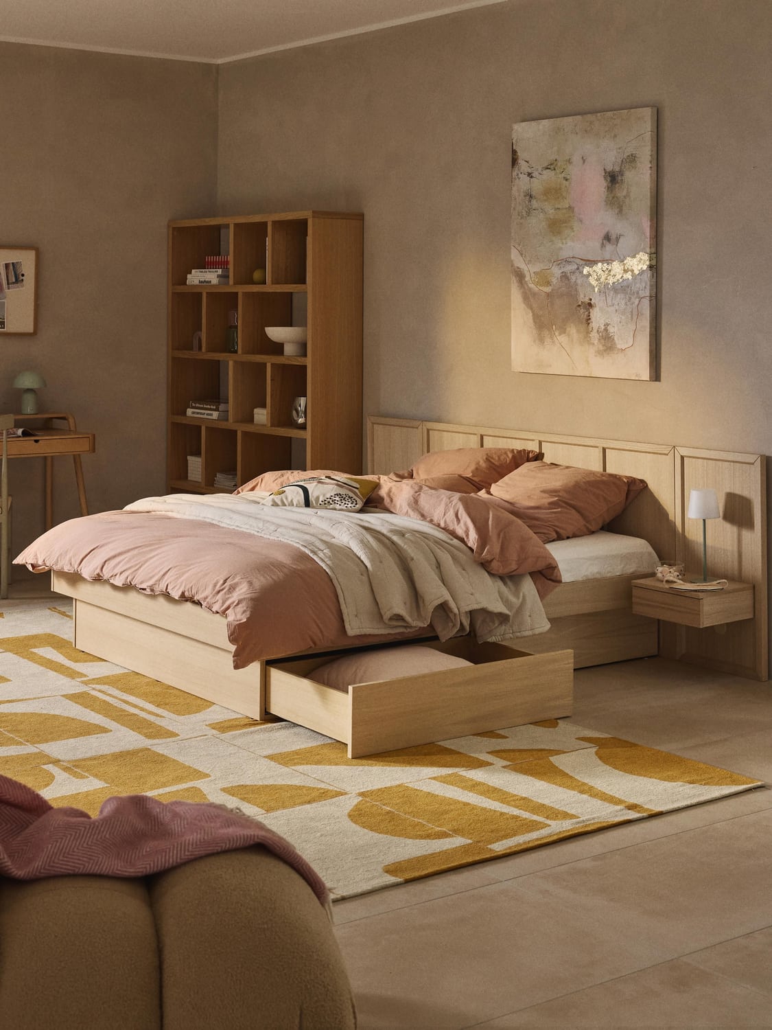 Nanto Wooden Bed with Bedside Tables and Headboard — Blush