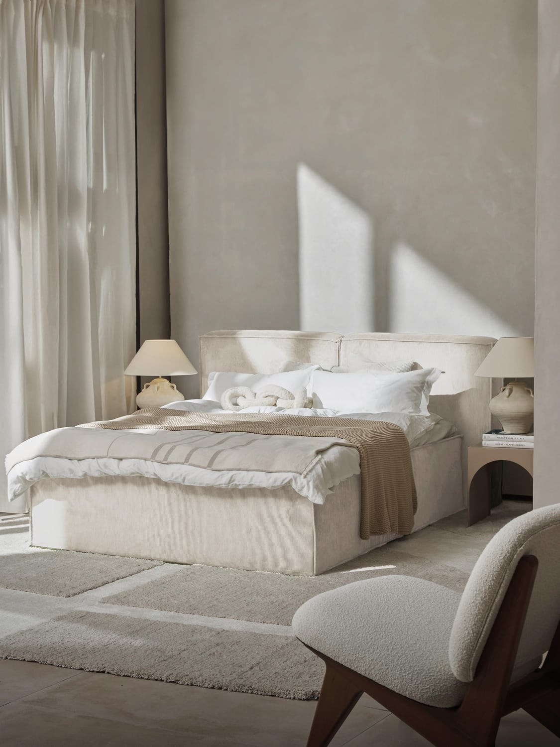 Lennon Corduroy-Box-Spring Bed — Light Grey
