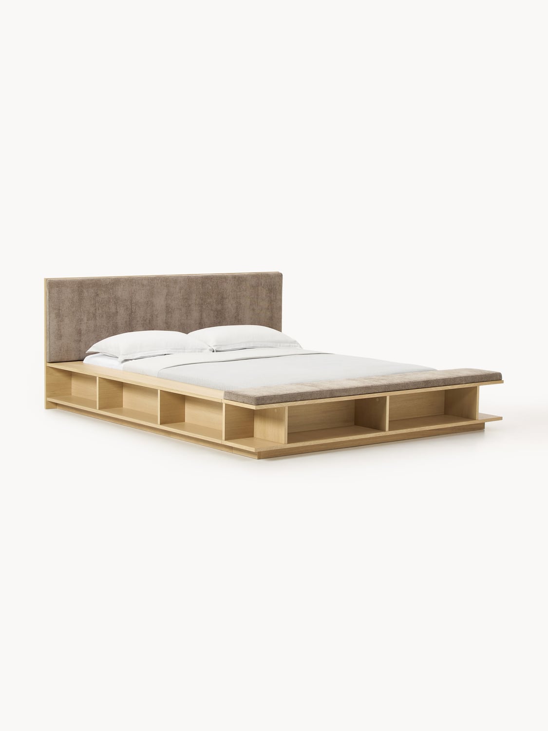 Clark Wood-Bed Frame with Bench and Side Shelves — Greige