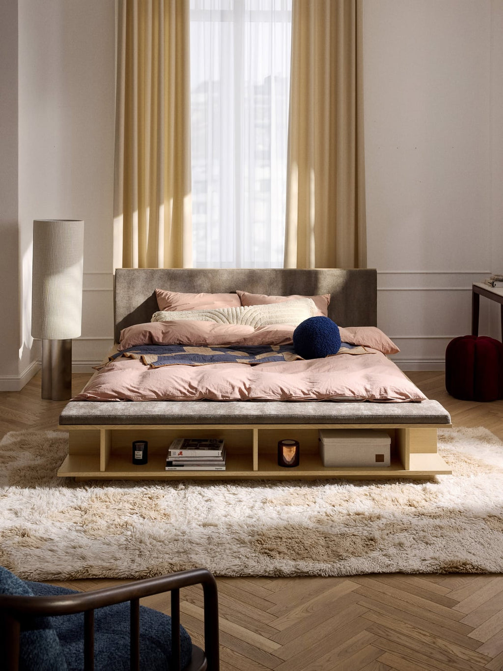 Clark Wood-Bed Frame with Bench and Side Shelves — Greige