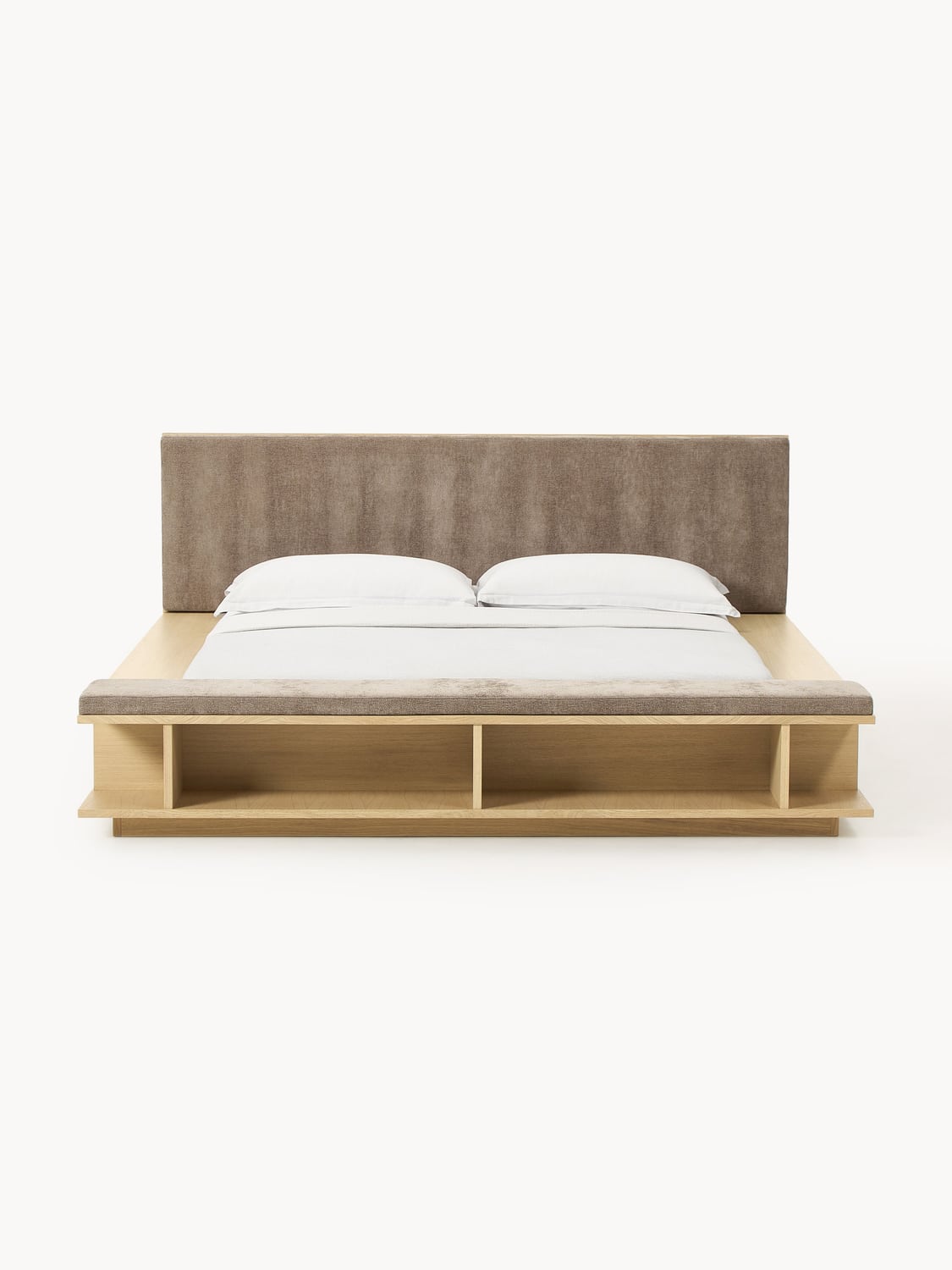 Clark Wood-Bed Frame with Bench and Side Shelves — Greige