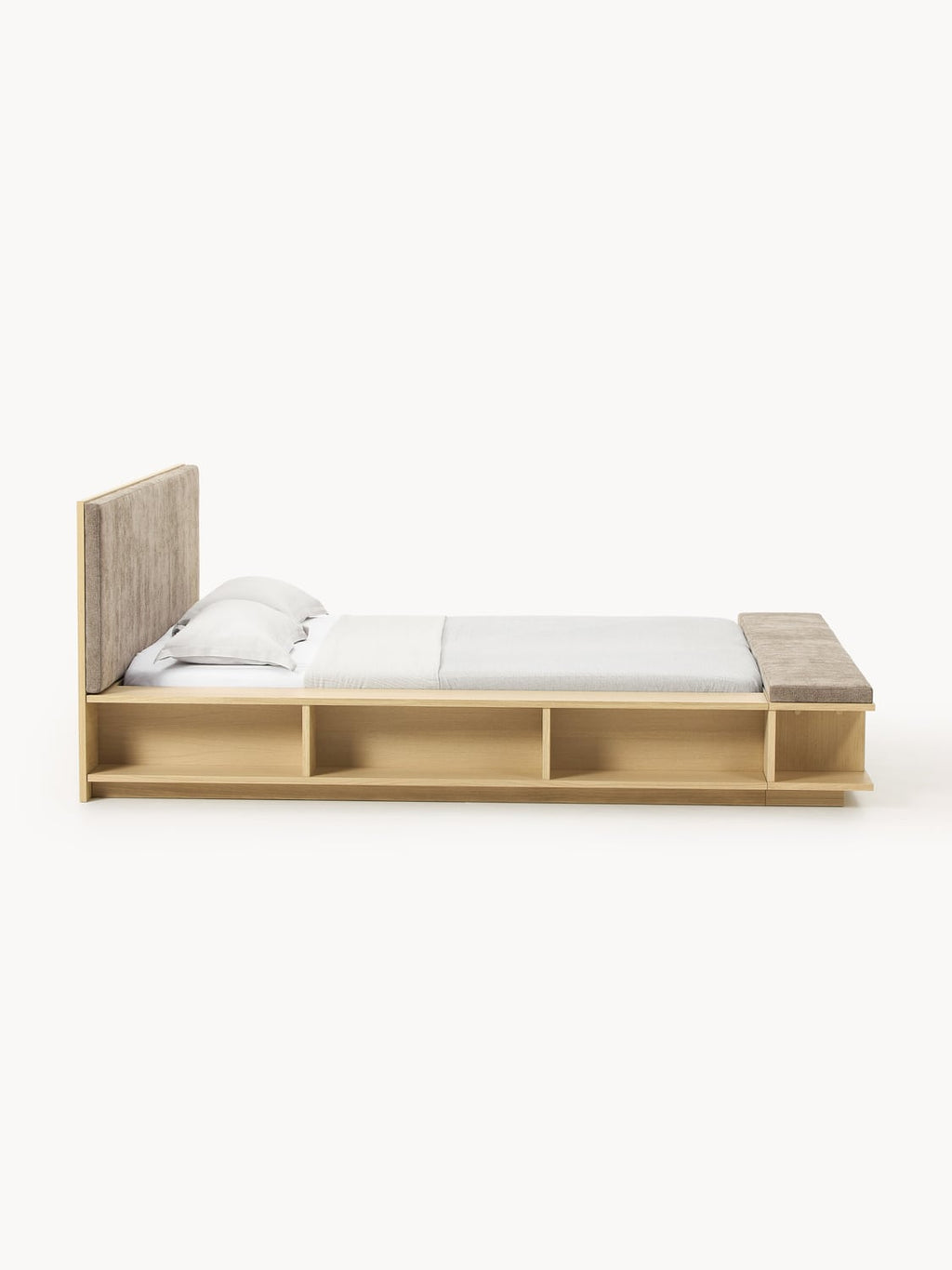Clark Wood-Bed Frame with Bench and Side Shelves — Greige
