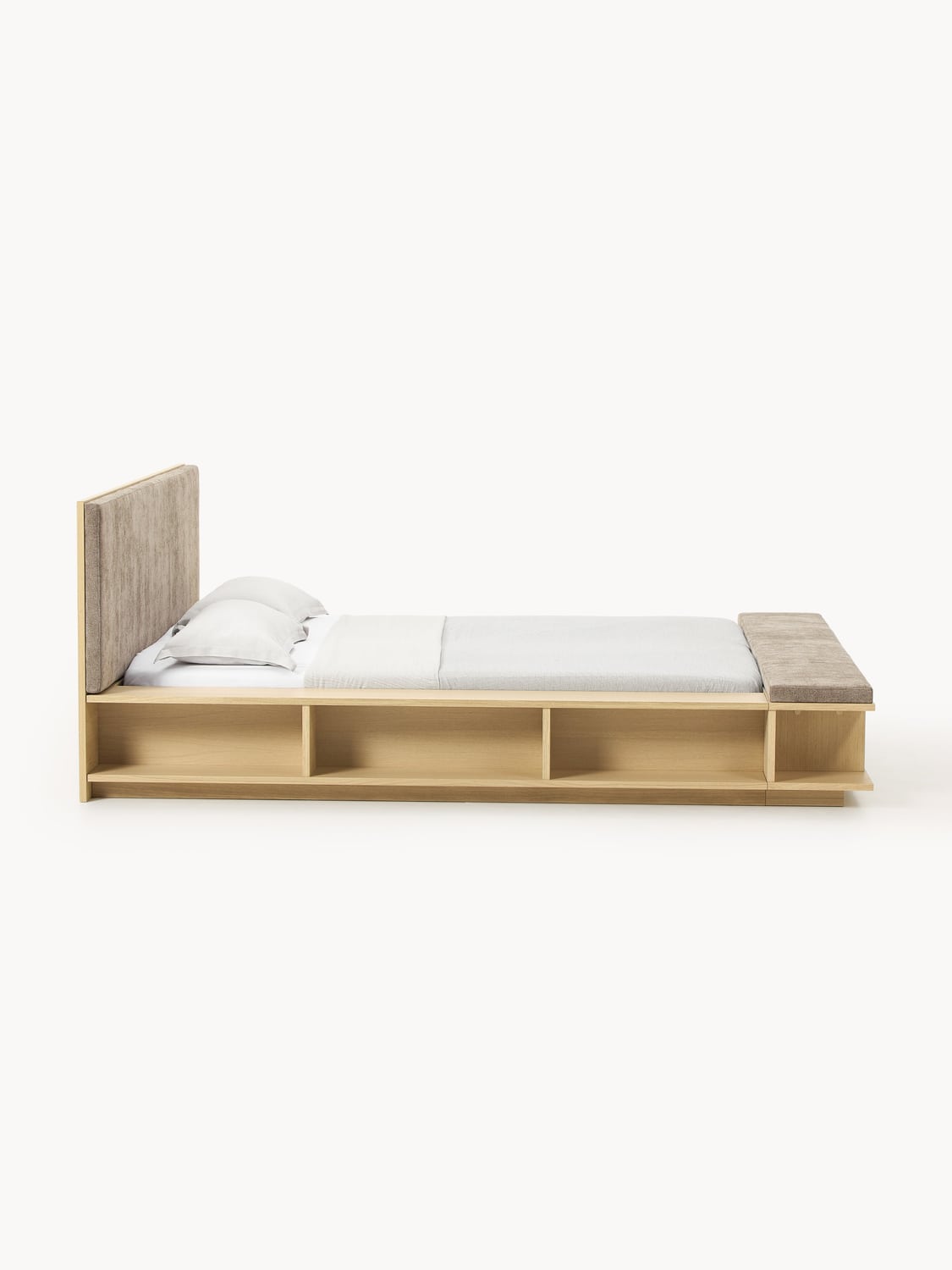 Clark Wood-Bed Frame with Bench and Side Shelves — Greige