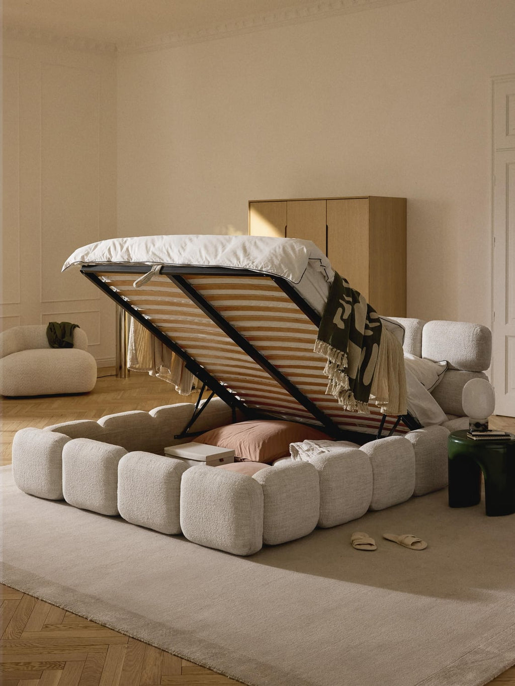 Tayla Upholstered Bed in Bouclé with Storage — Ivory