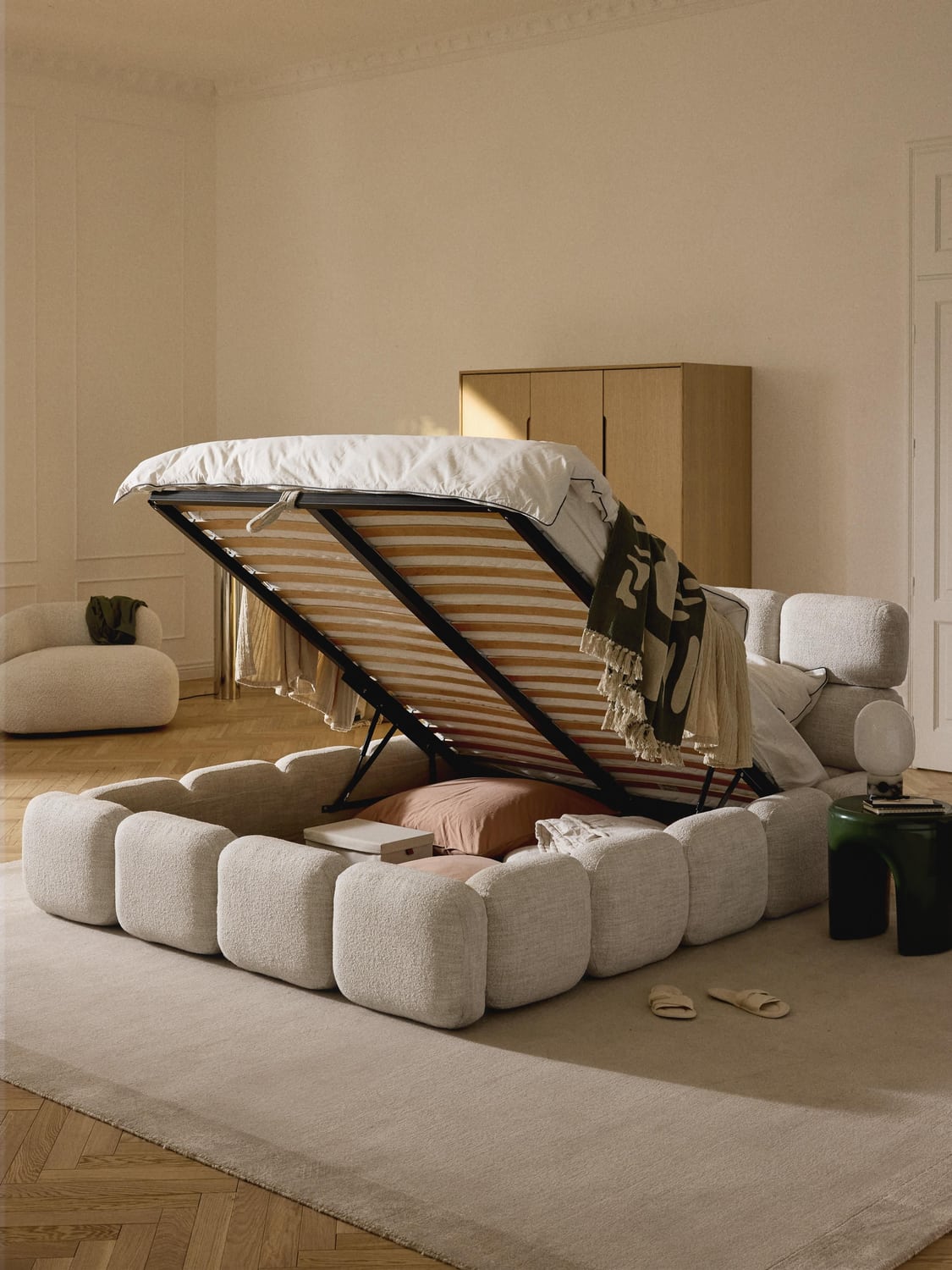 Tayla Upholstered Bed in Bouclé with Storage — Ivory