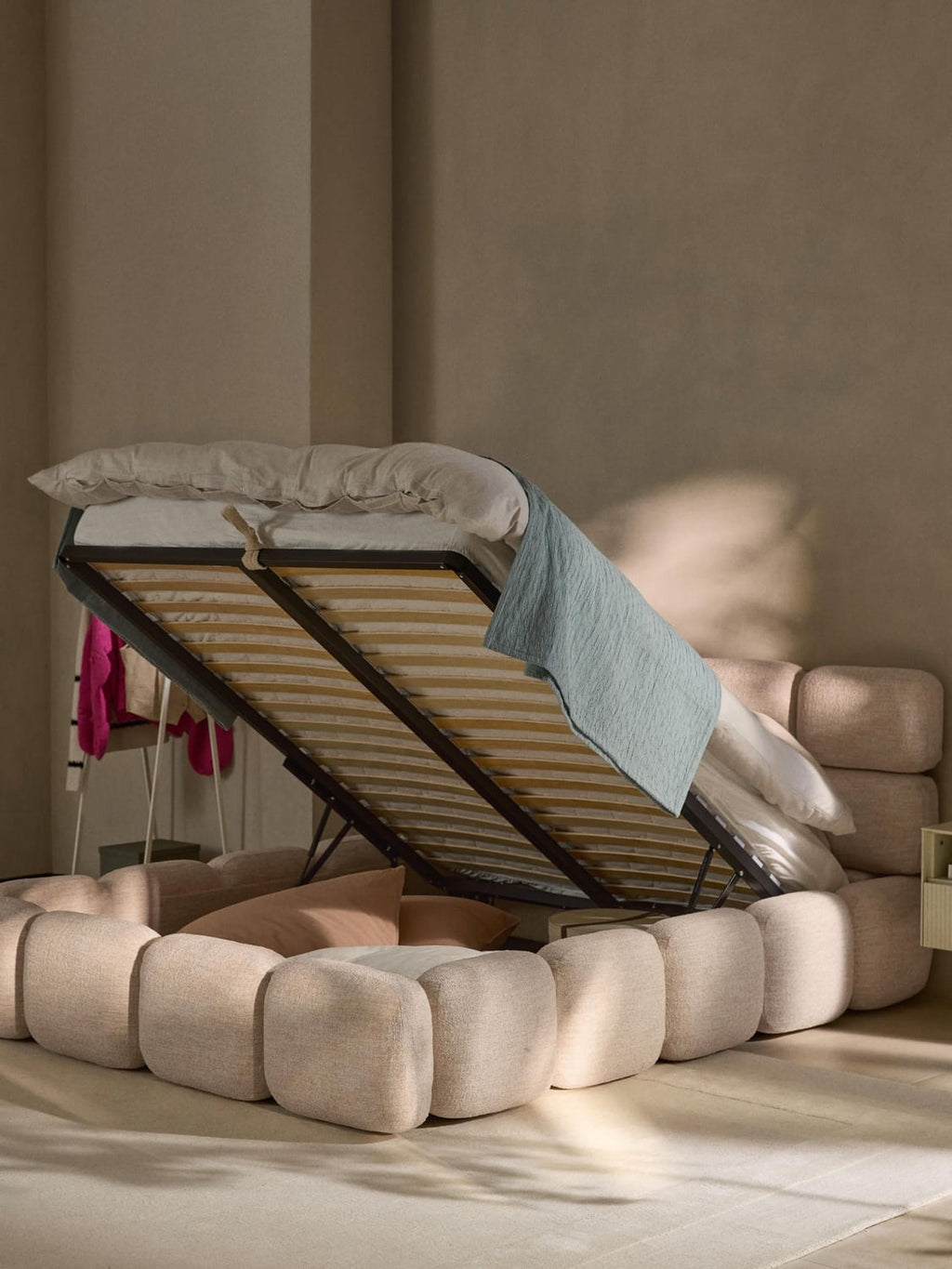 Tayla Upholstered Bed in Bouclé with Storage — Cream