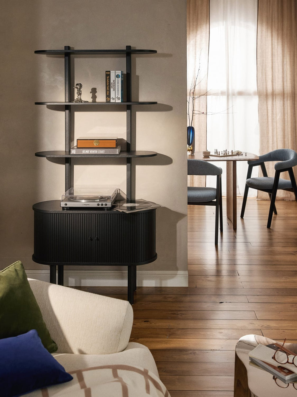 Calary Narrow Shelving Unit with Fluted Front — Slate Grey