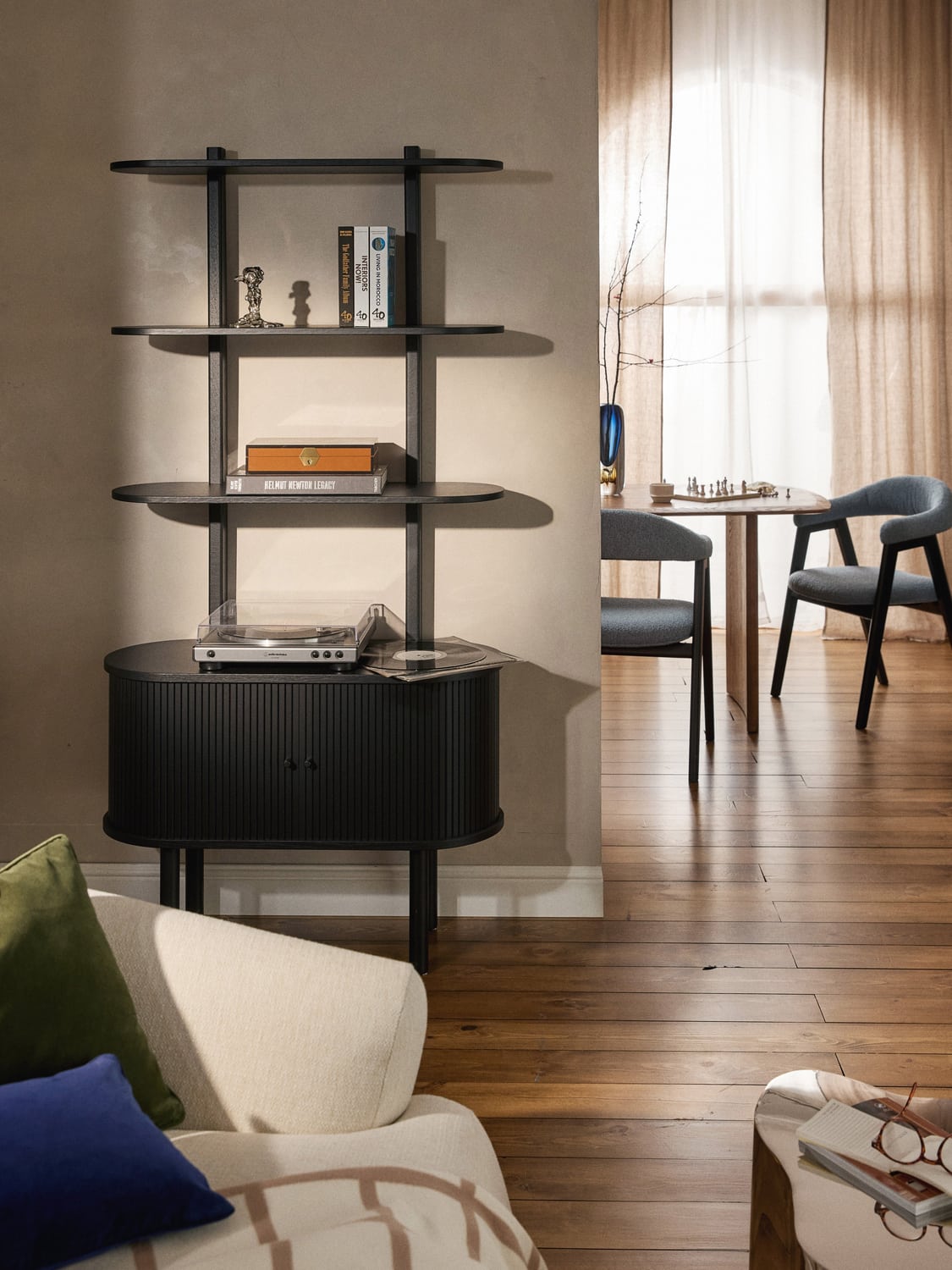 Calary Narrow Shelving Unit with Fluted Front — Slate Grey
