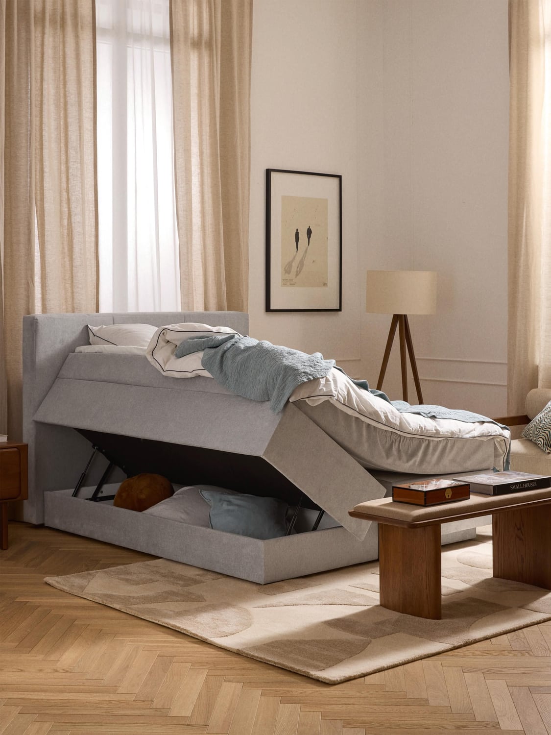Oberon Box-Spring Bed with Storage — Pearl Grey