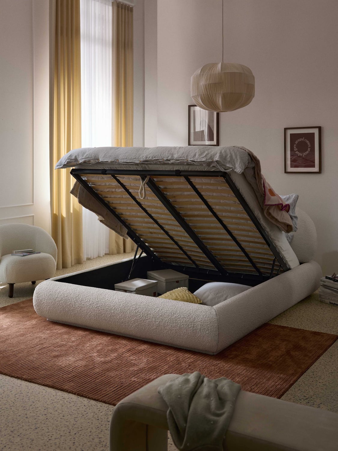 Alba Bouclé Upholstered Bed with Storage — Off-White