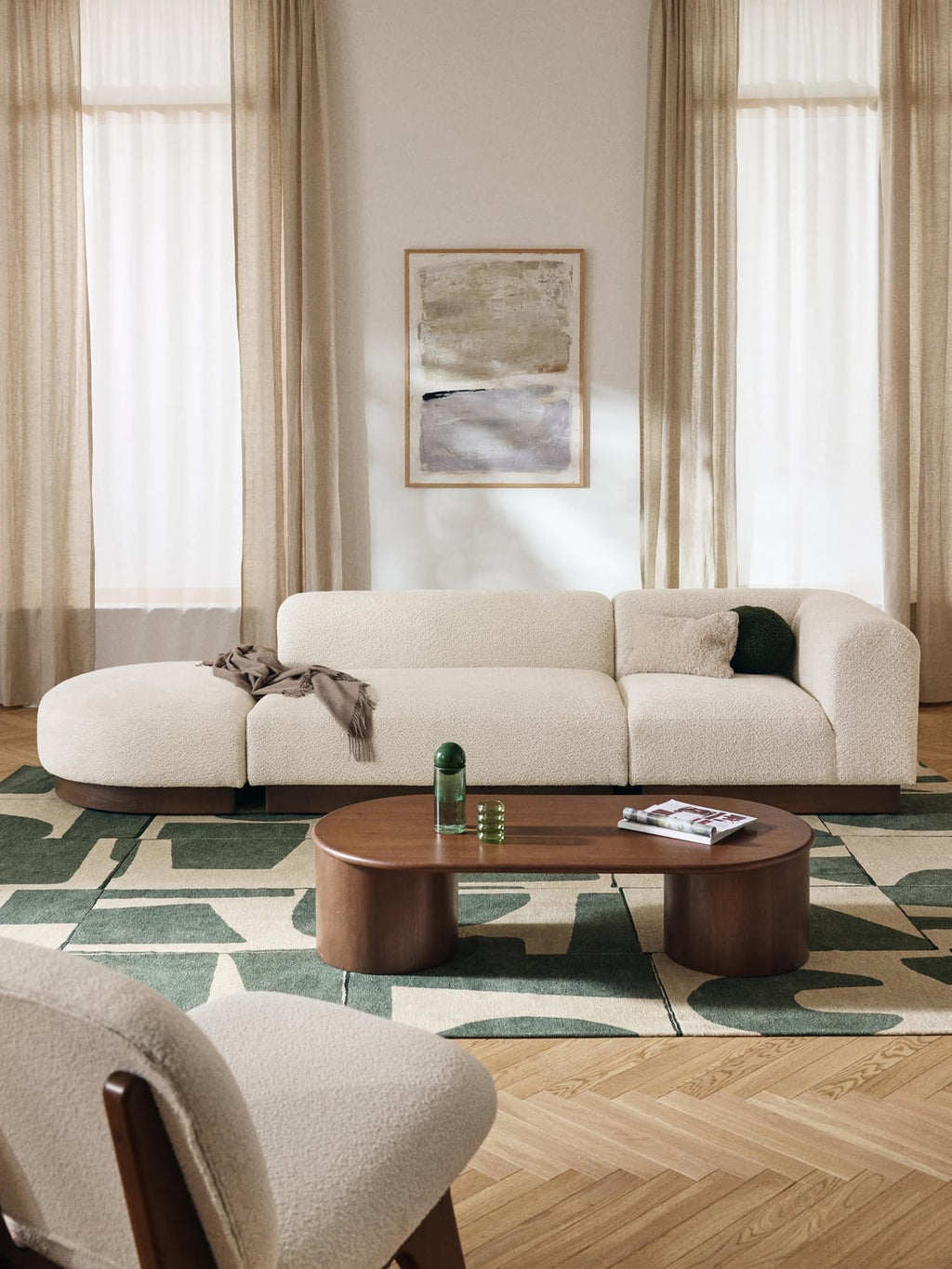 Natalie Modular Ottoman in Teddy Bouclé with Ottoman (left/right) — Light Grey