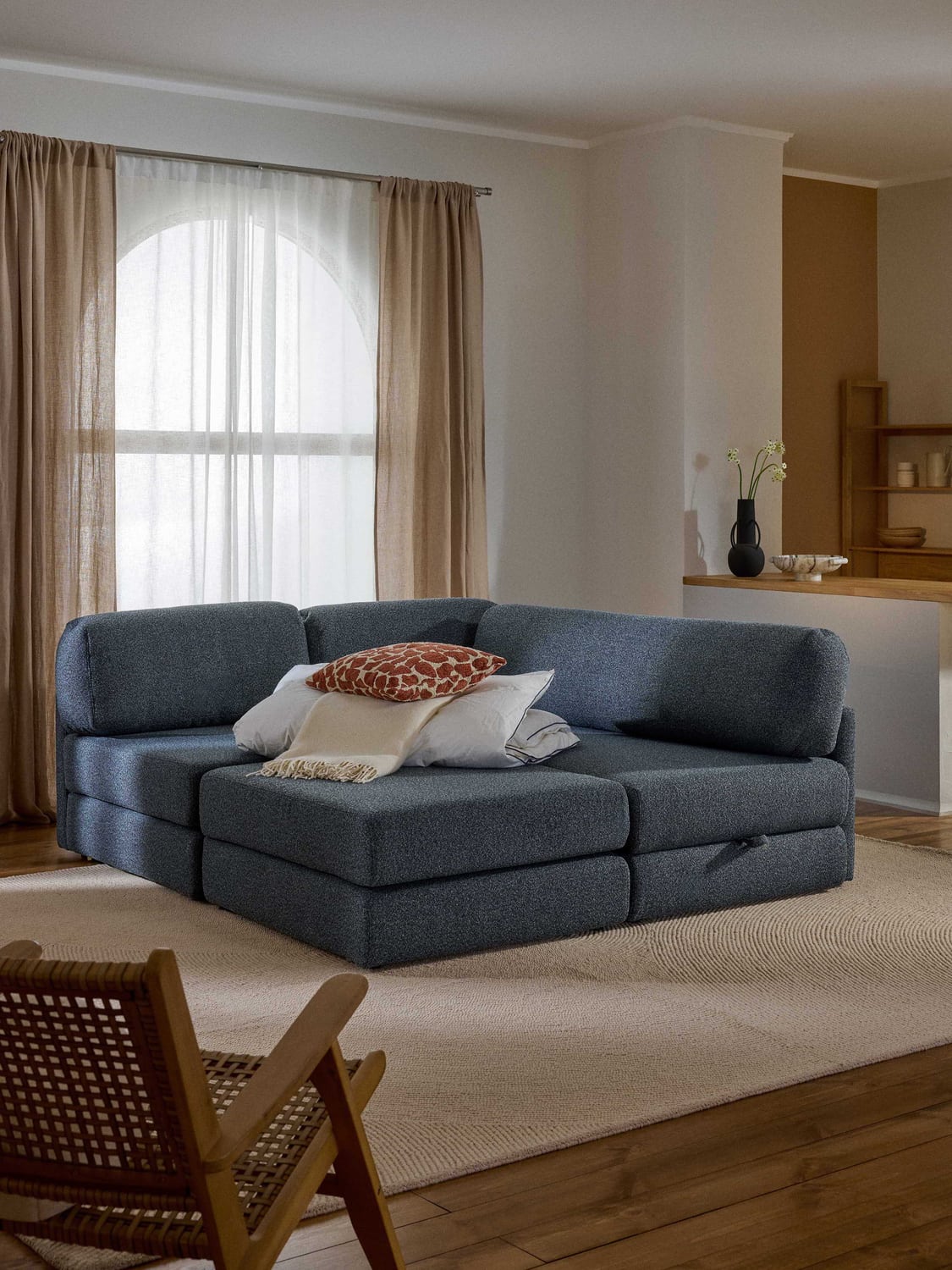 Ladina Bouclé-Corner Sofa Bed with Storage — Dark Grey