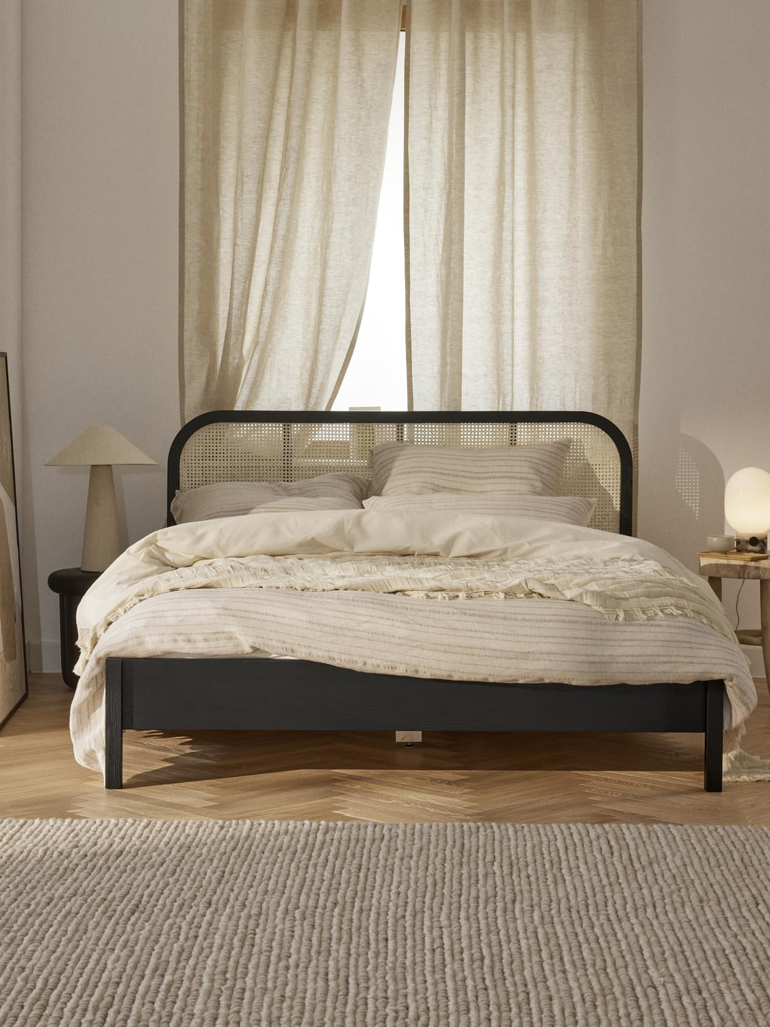Jones Wooden Bed with Headboard in Viennese Cane — Grey
