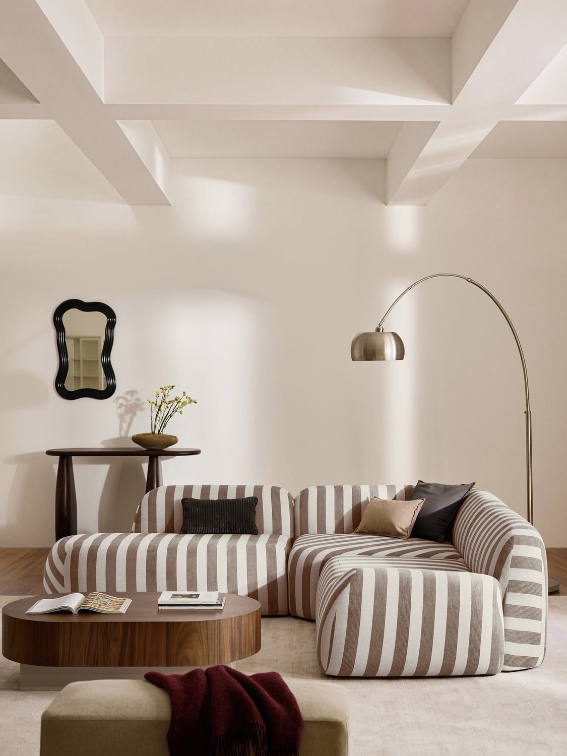 Wolke Modular Striped Corner Sofa (4-seater) with Chaise Longue — Warm Grey