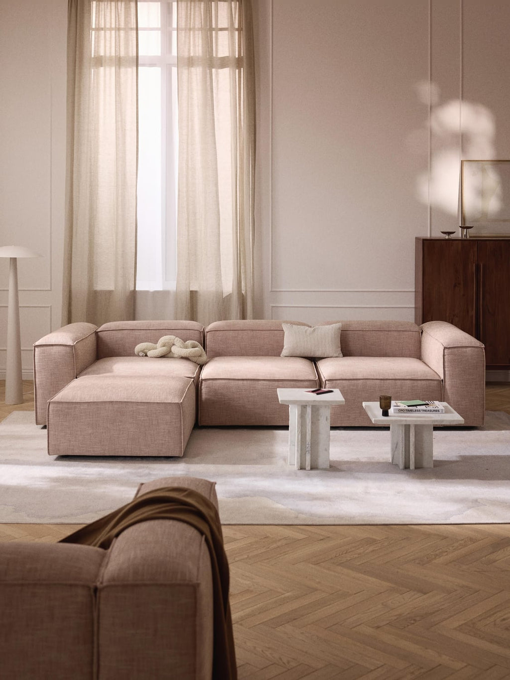 Lennon Modular Sofa (4-seater) in Linen Blend with Ottoman (left/right) — Pink