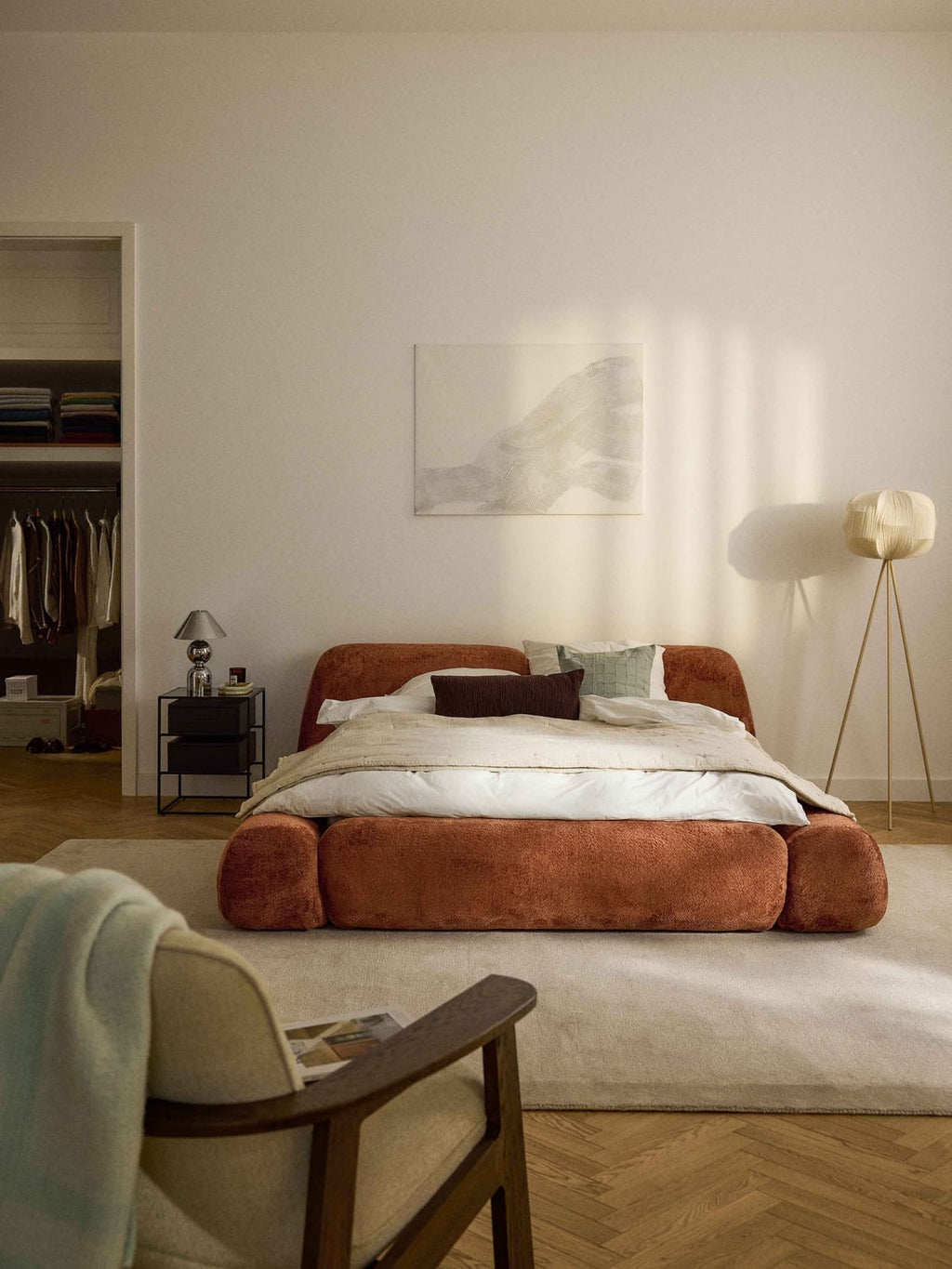 Wolke Upholstered Bed in Teddy Bouclé with Storage — Warm Grey