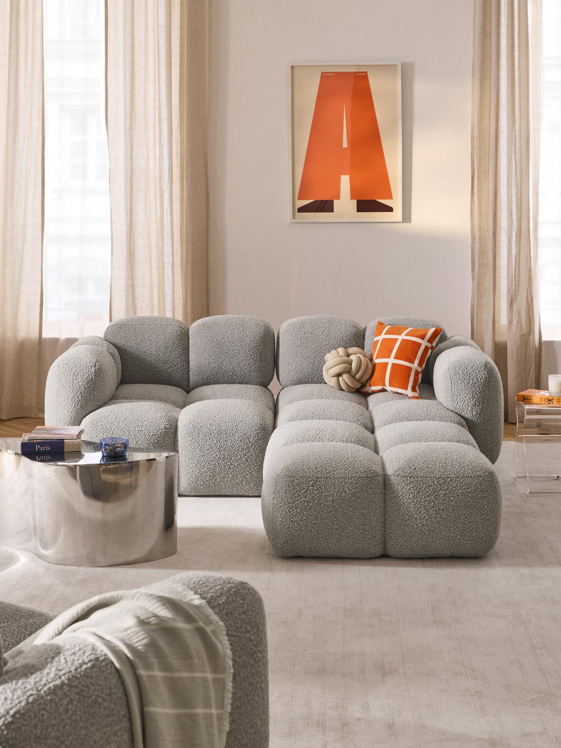 Tayla Modular Sofa (3-seater) in Bouclé with Ottoman (left/right) — Oatmeal