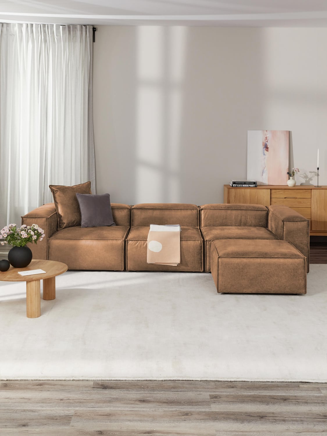 Lennon Modular Sofa (4-seater) in Leather with Ottoman (left/right) — Camel