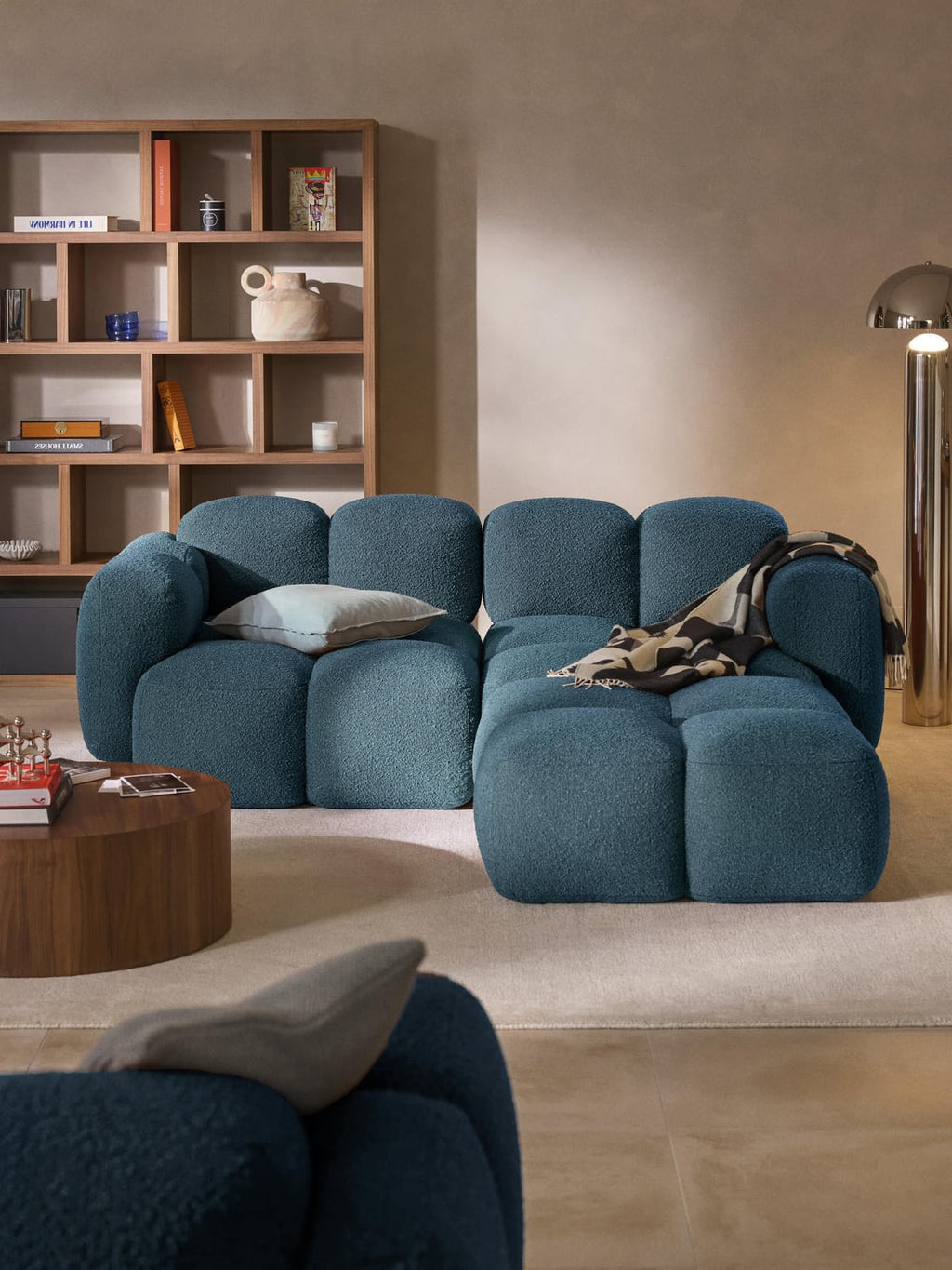 Tayla Modular Sofa (3-seater) in Bouclé with Ottoman (left/right) — Dark Grey