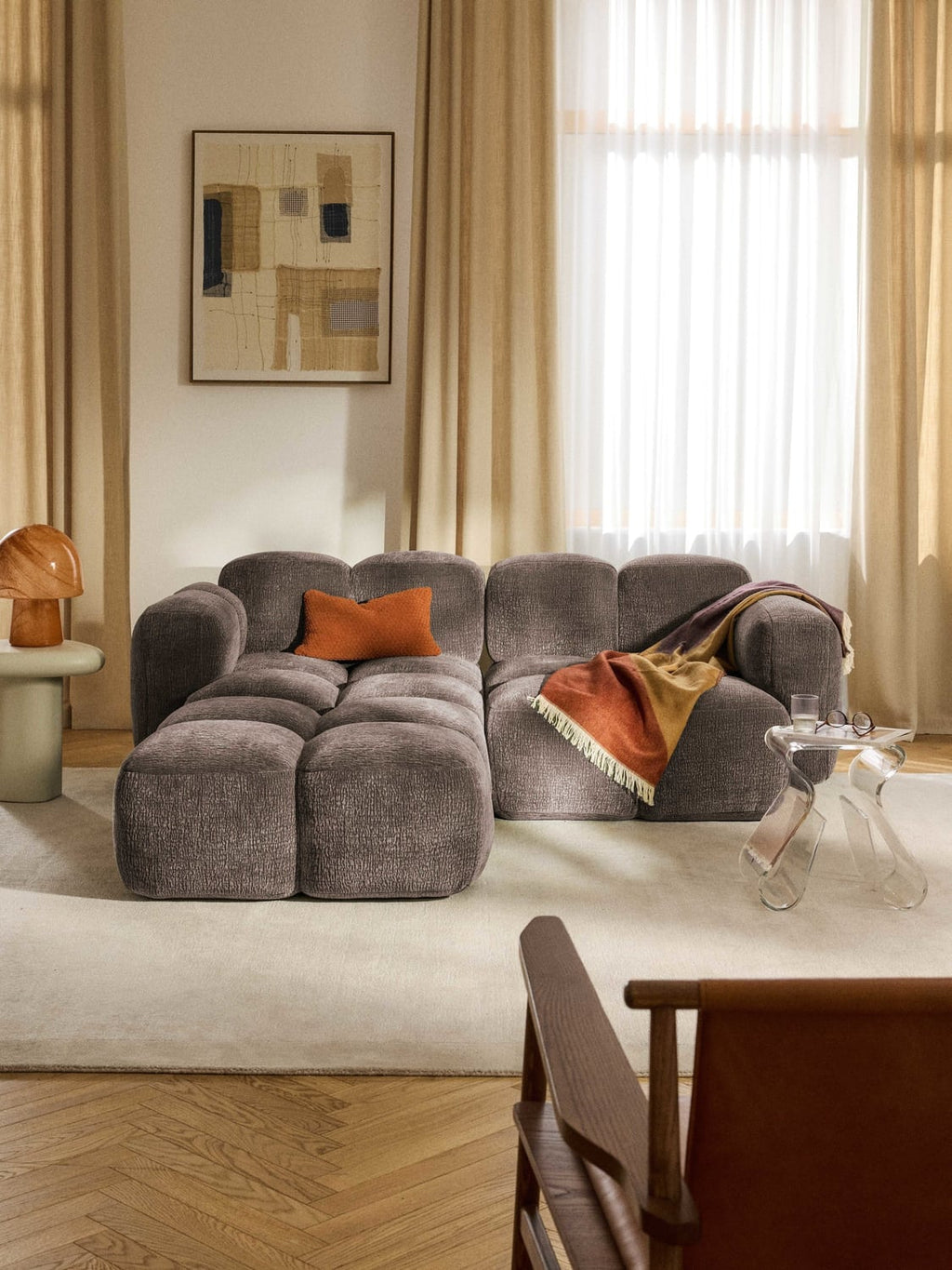 Tayla Modular Sofa (3-seater) with Ottoman (left/right) — Dark Grey