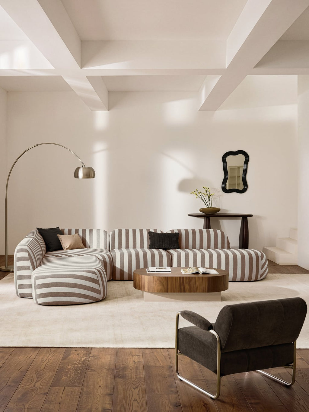 Wolke Modular Striped XL Corner Sofa with Chaise Longue — Greige