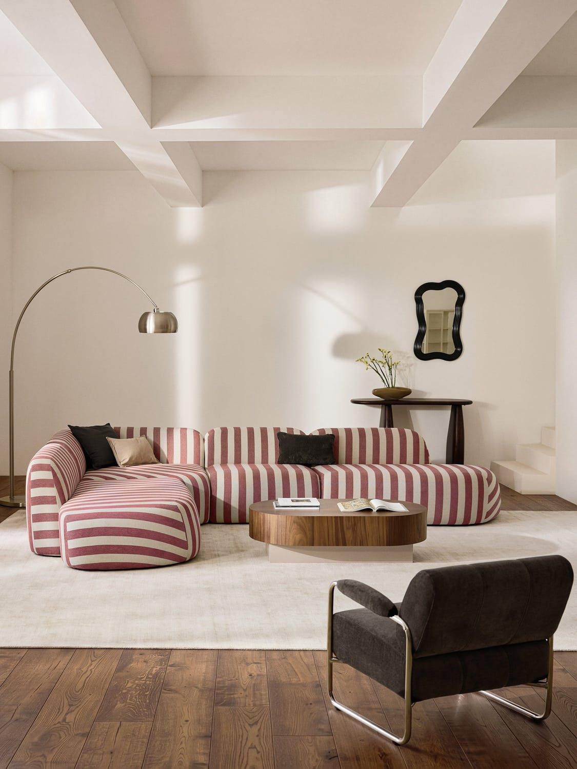 Wolke Modular Striped XL Corner Sofa with Chaise Longue — Stone Grey