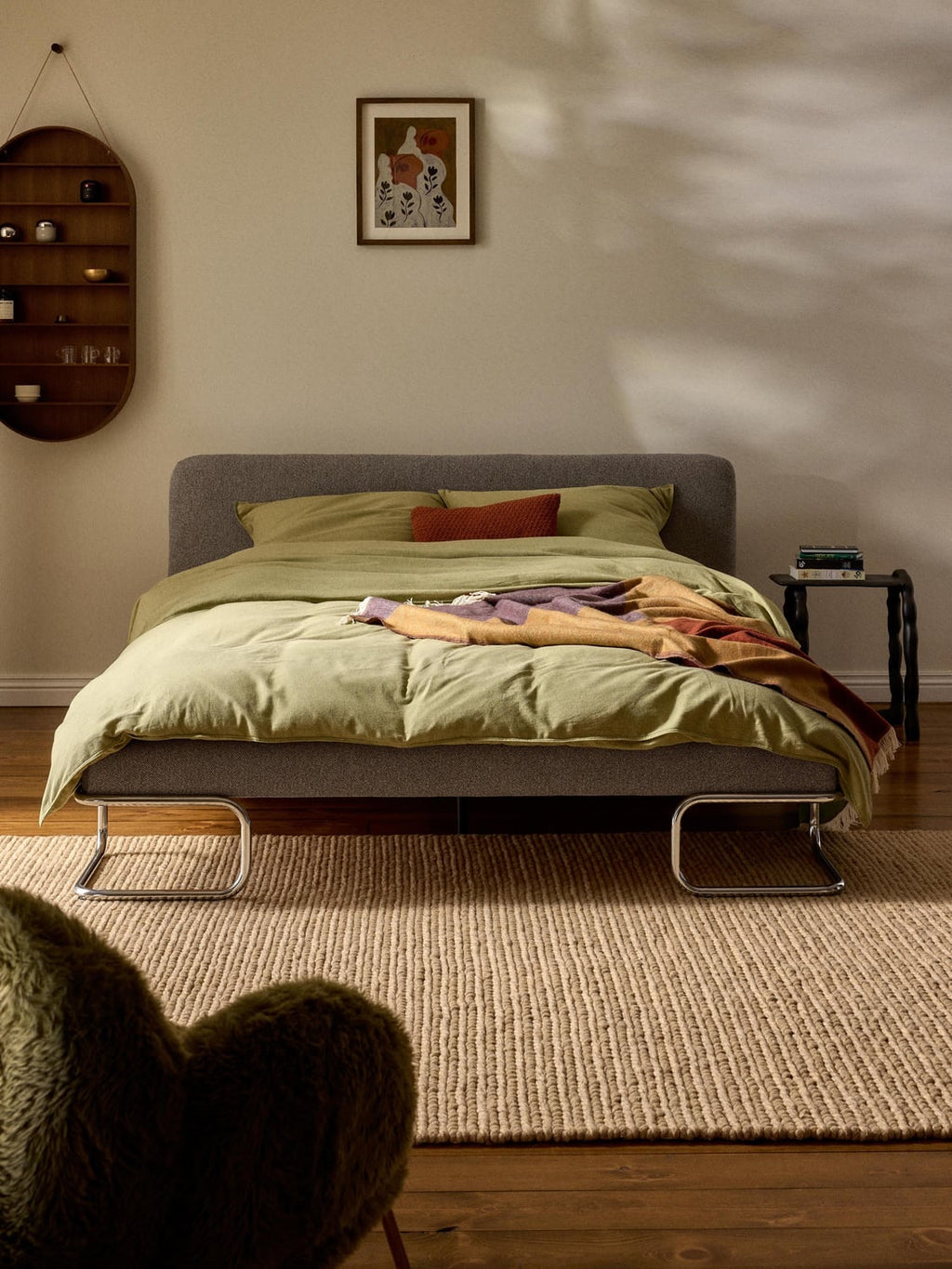 Olina Bouclé Upholstered Bed with Metal Legs — Light Grey