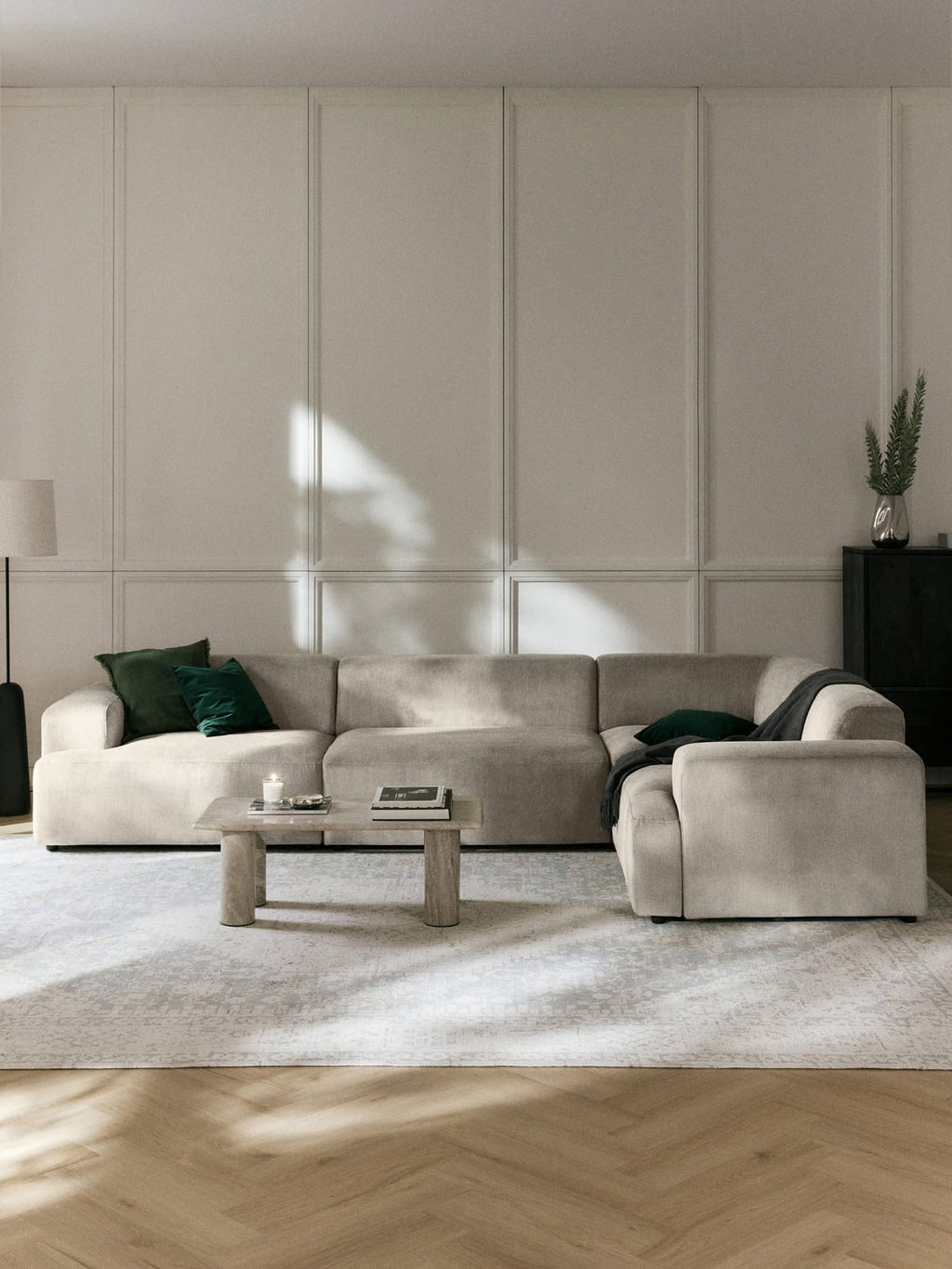 Melva Large Corduroy Corner Sofa (4-seater) — Light Grey
