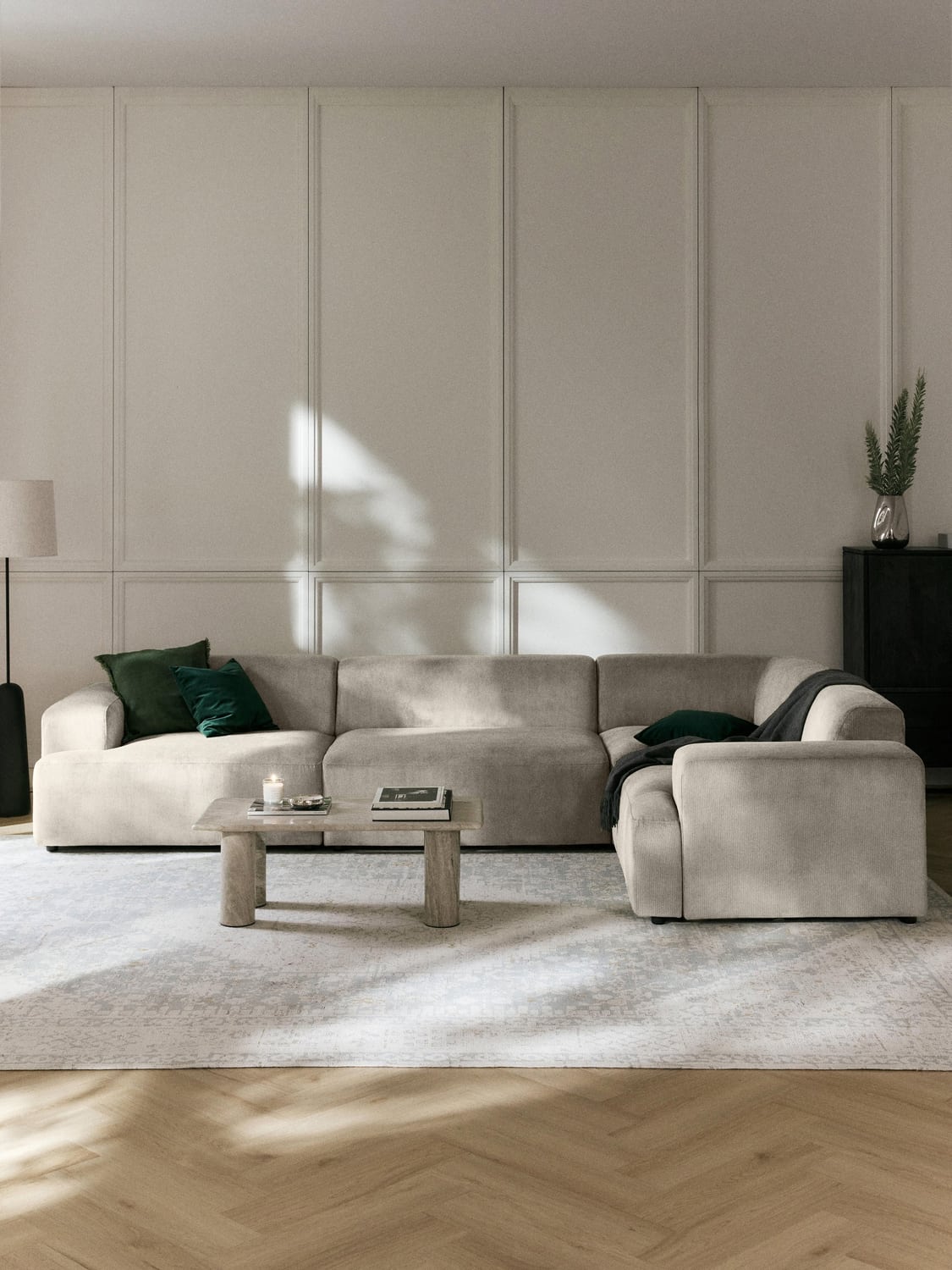 Melva Large Corduroy Corner Sofa (4-seater) — Light Grey