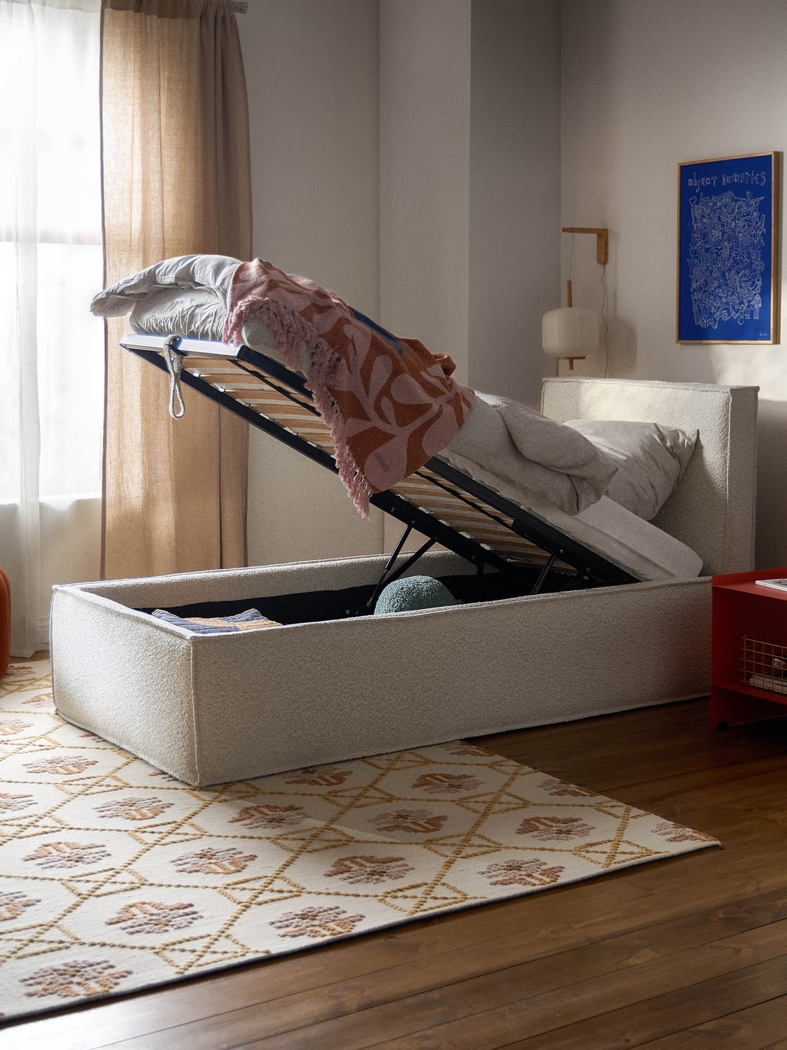 Dream Bouclé-Single Bed with Storage — Off-White