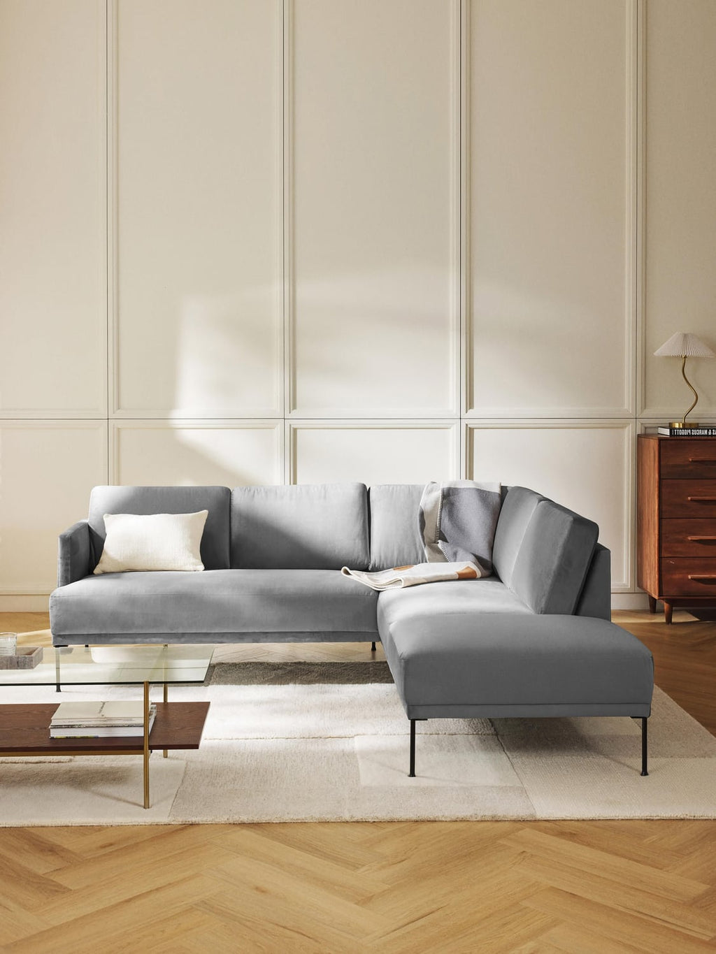 Fluente Velvet-Corner Sofa — Grey
