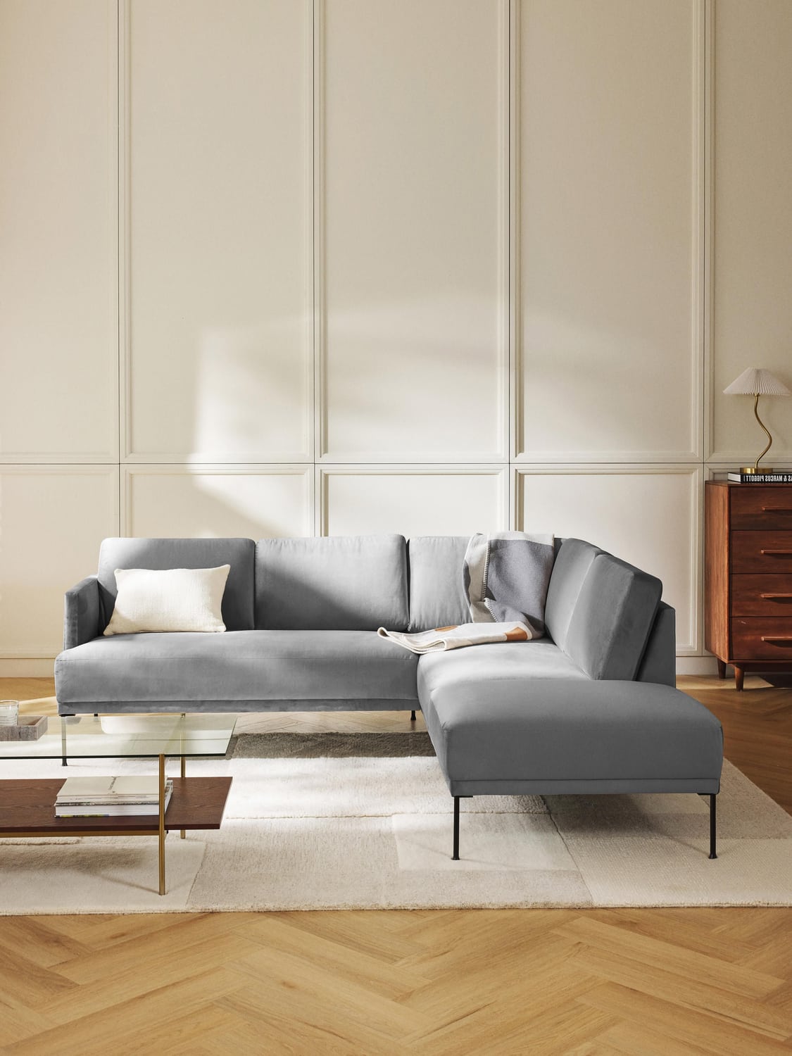 Fluente Velvet-Corner Sofa — Grey