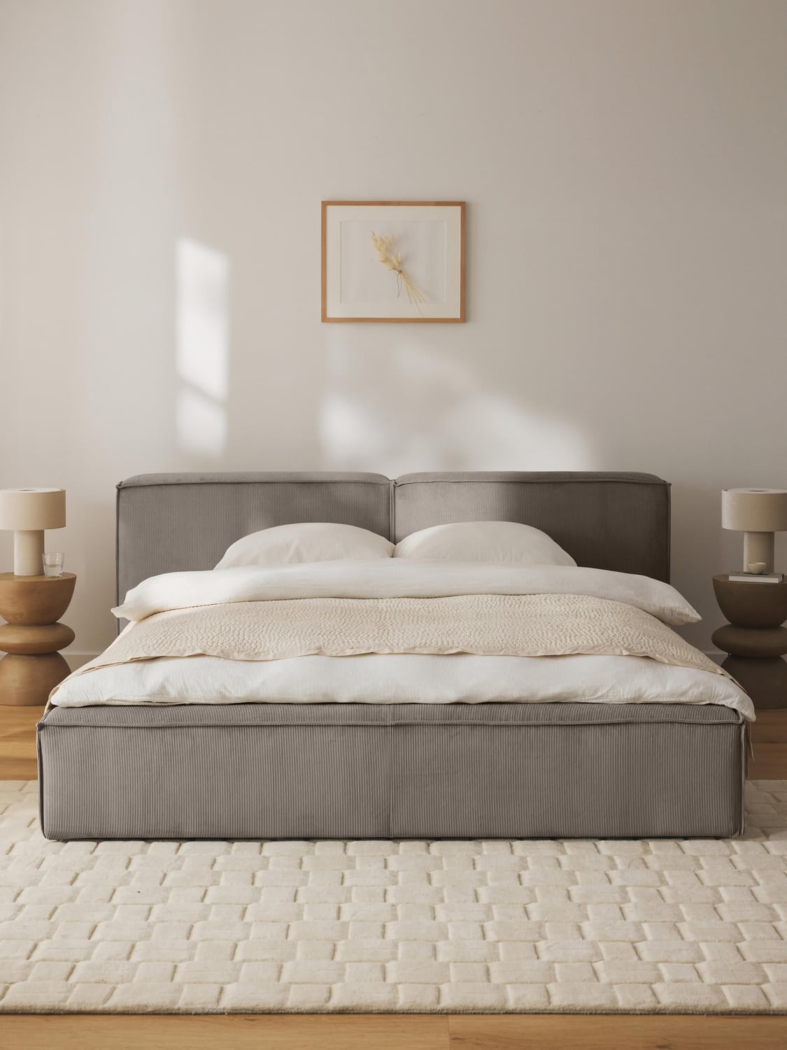 Lennon Upholstered Bed in Corduroy — Warm Grey