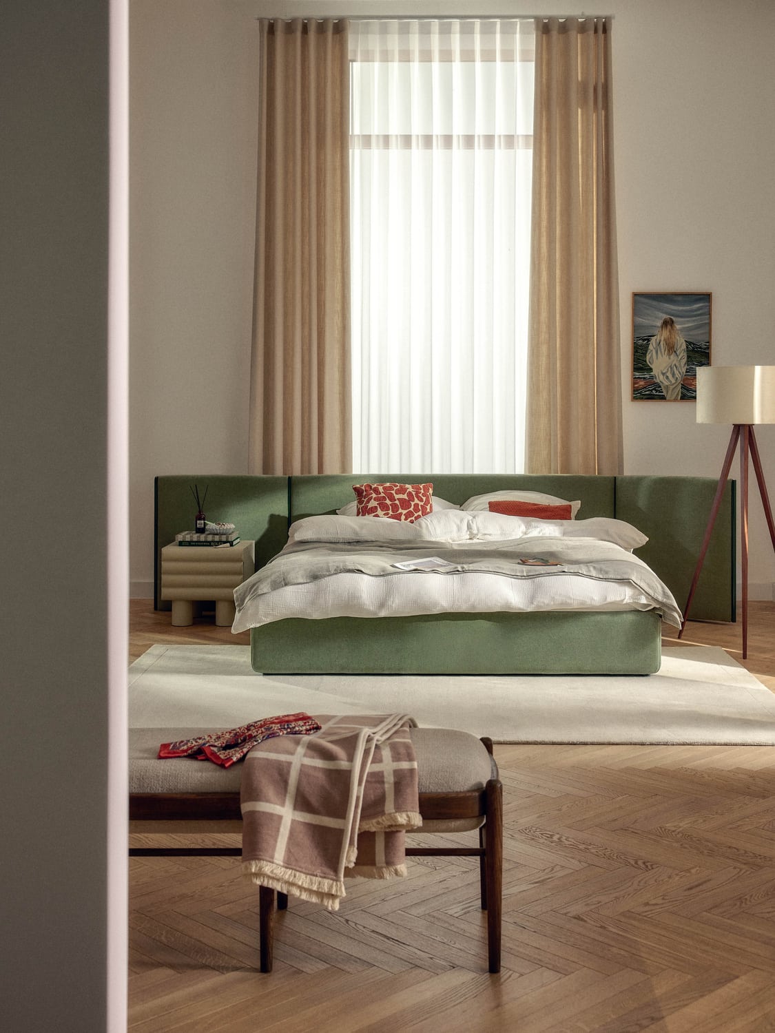Otis Upholstered Bed with Folding Headboard — Sage