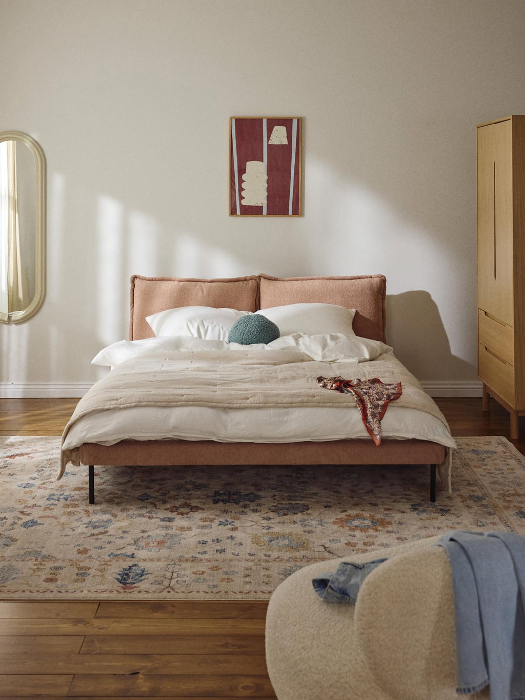 Amelia Upholstered Bed in Teddy Bouclé — Oatmeal