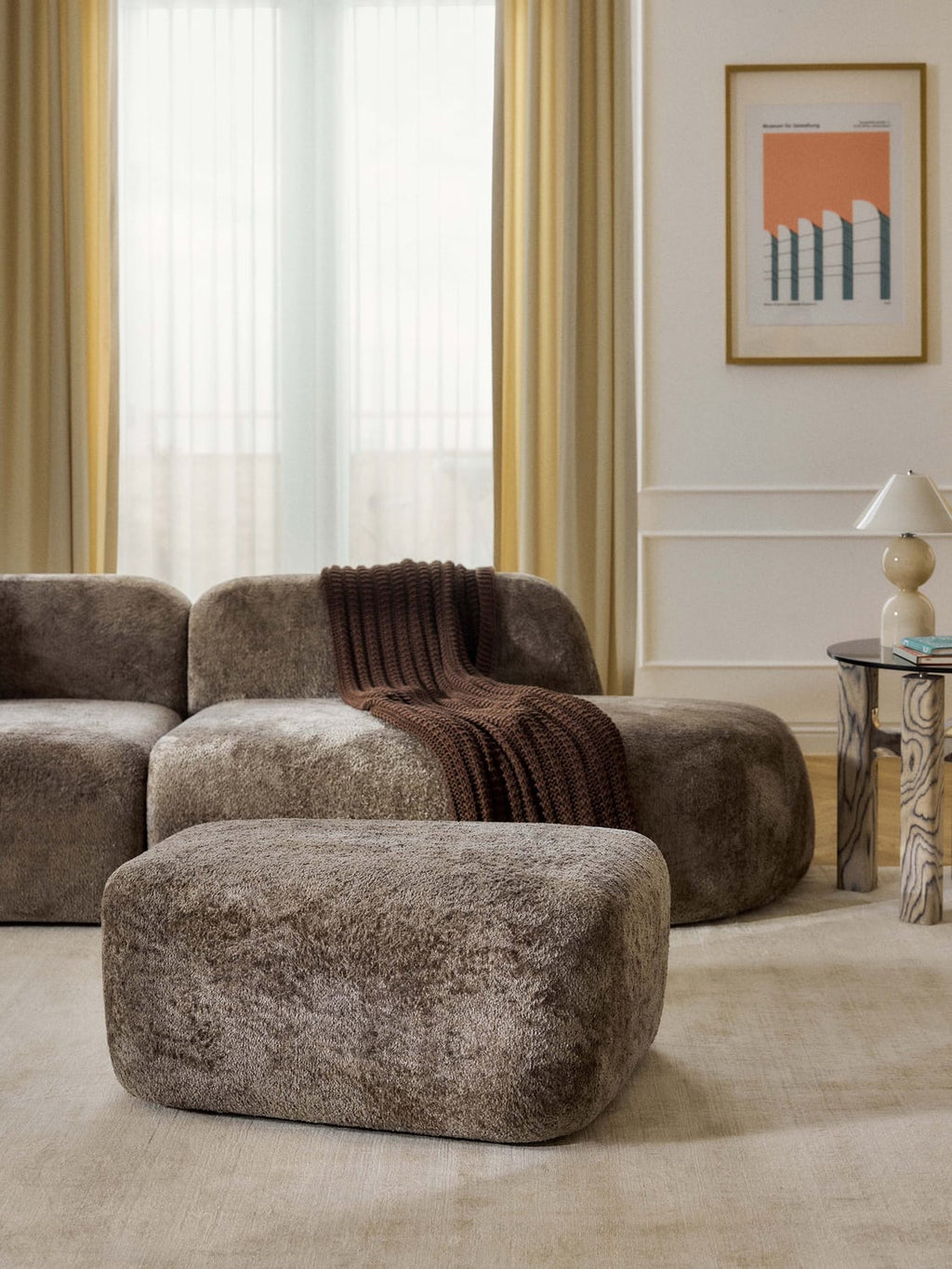 Wolke Large Sofa Ottoman in Teddy Bouclé — Dark Grey