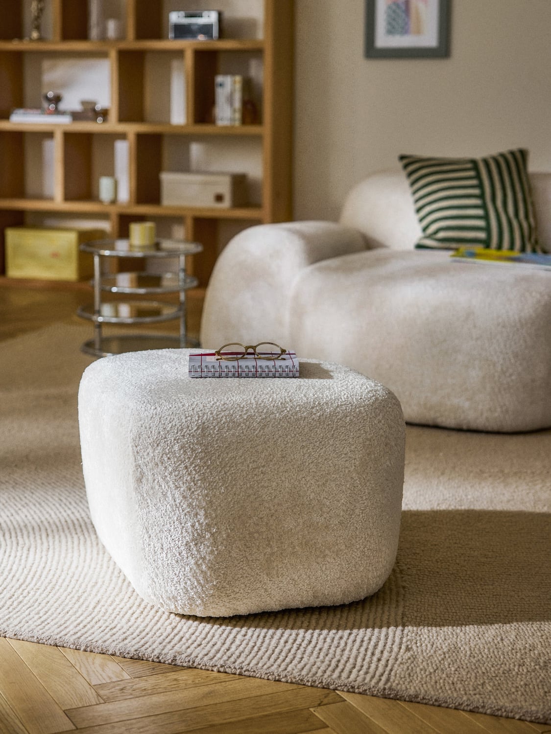 Wolke Oval Ottoman in Teddy Bouclé — Off-White