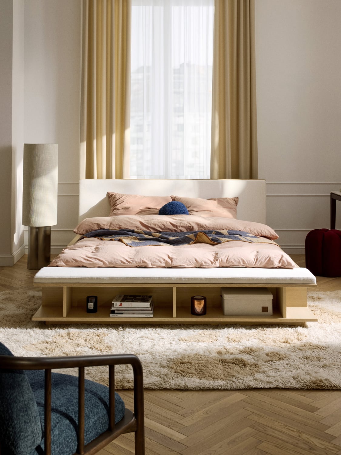 Clark Wood-Bed Frame with Bench and Side Shelves — Oatmeal