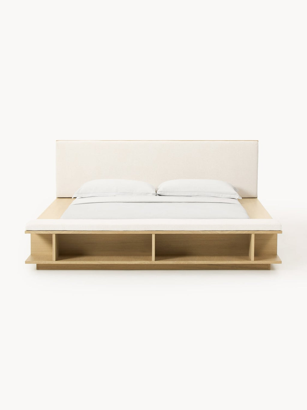 Clark Wood-Bed Frame with Bench and Side Shelves — Oatmeal